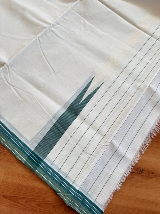 25% Discount!! KaithariKada Handloom Unakkupaav Kerala Handloom 100% Pure Cotton Off White - (Unbleached) Double Mundu/Dothi - 100X80 - 0.75 inch Puliyilakkara Teal Green & Moss Green Side Striped chutty Kara 4 meter (8.5 Muzham) - 13 KK5473 REA