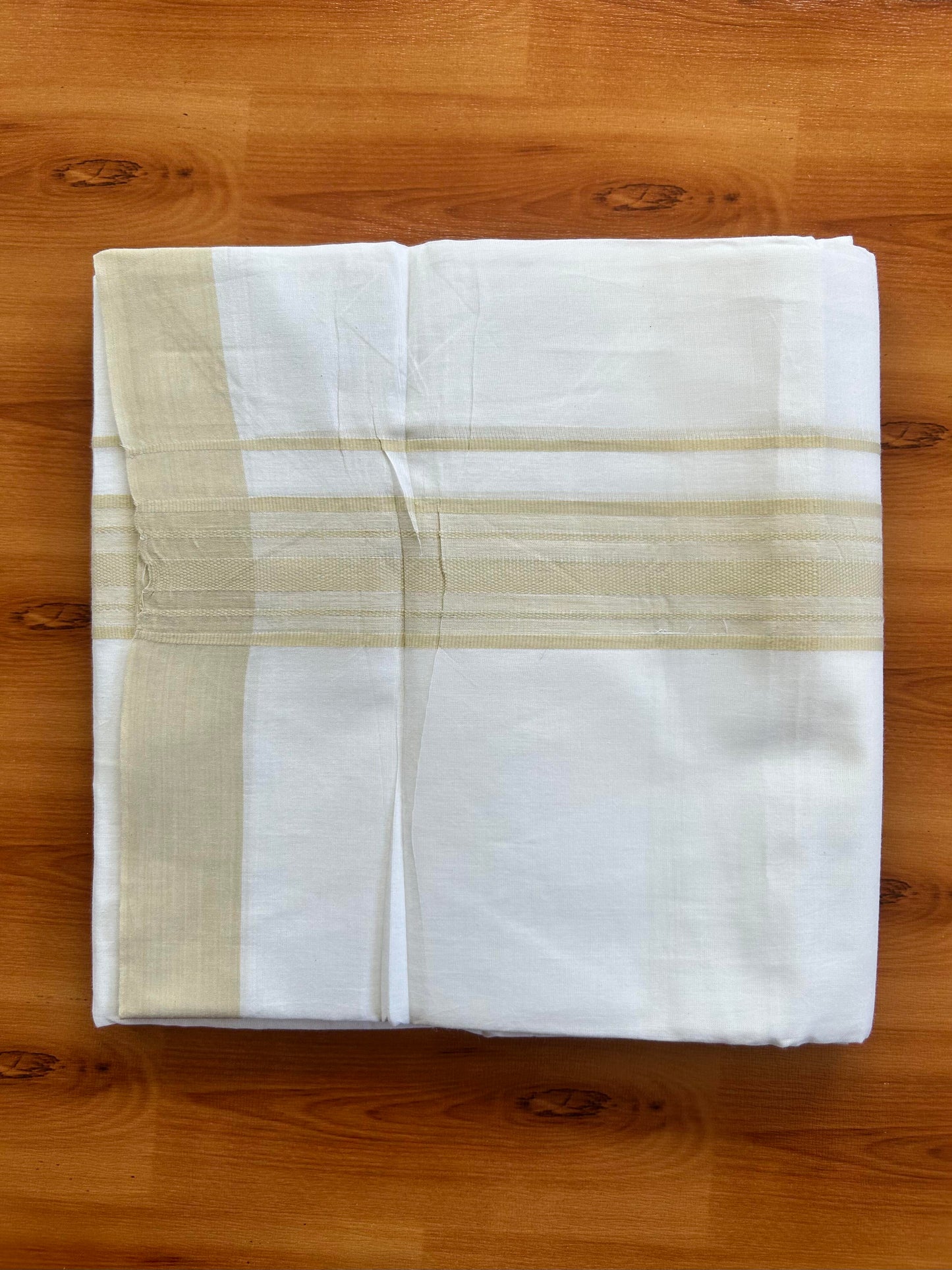 Pure White Double Mundu/Dhoti - 20% Discount ! Kaitharikada Pure Cotton - 100x80 - 1.5 inch Light Beige Shaded Stripes Kara 3.80 mtr (8 muzham) - 118 KK5452 THI