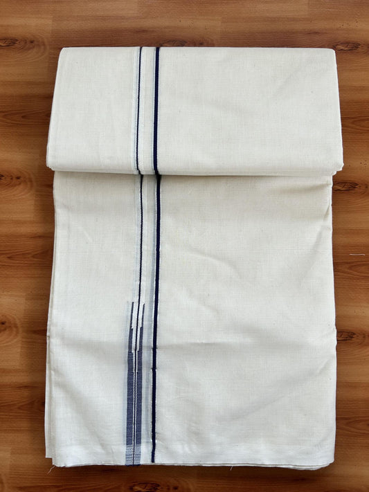 Double Off white Mundu/Dhoti - 20% Discount! KaithariKada Balaramapuram - 100% Cotton  100x100 - 0.5 cm Silver Kasav & Navy Blue Chutty Kara 4 mtr (8.5 muzham) - 13 KK5407 ASH