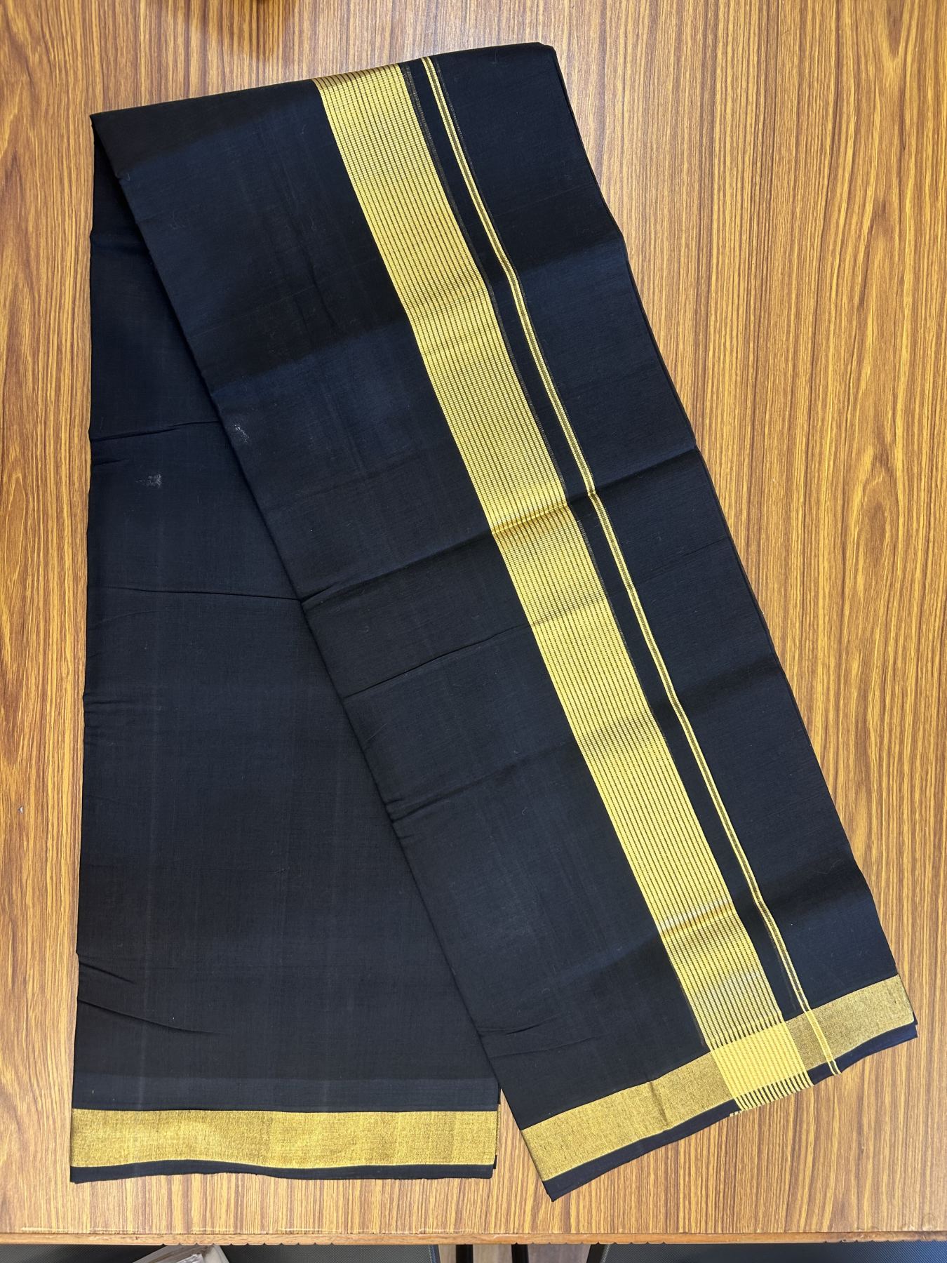 25% Discount! KaithariKada Handloom Unakkupaav - Kerala Handloom - Pure Cotton Double Mundu/Dhoti (Unbleached) - 100x80 - Black Colour Body - 2 inch Gold Kasavu Striped Kara - 4 mtr (8.5 Muzham) - 3 KK5342 ABH