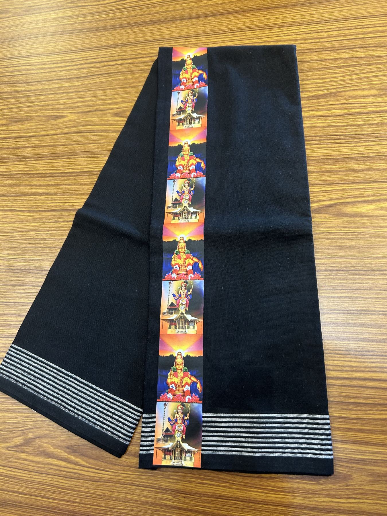 Kaitharikada - Polyster + Cotton - 40s twisted - Pure white Single Kaily / Lungi - 2.25 inch Ayyappan Printed Striped Border with Black colour body (2 meter / 4 muzham) -  15 KK8041 GAN