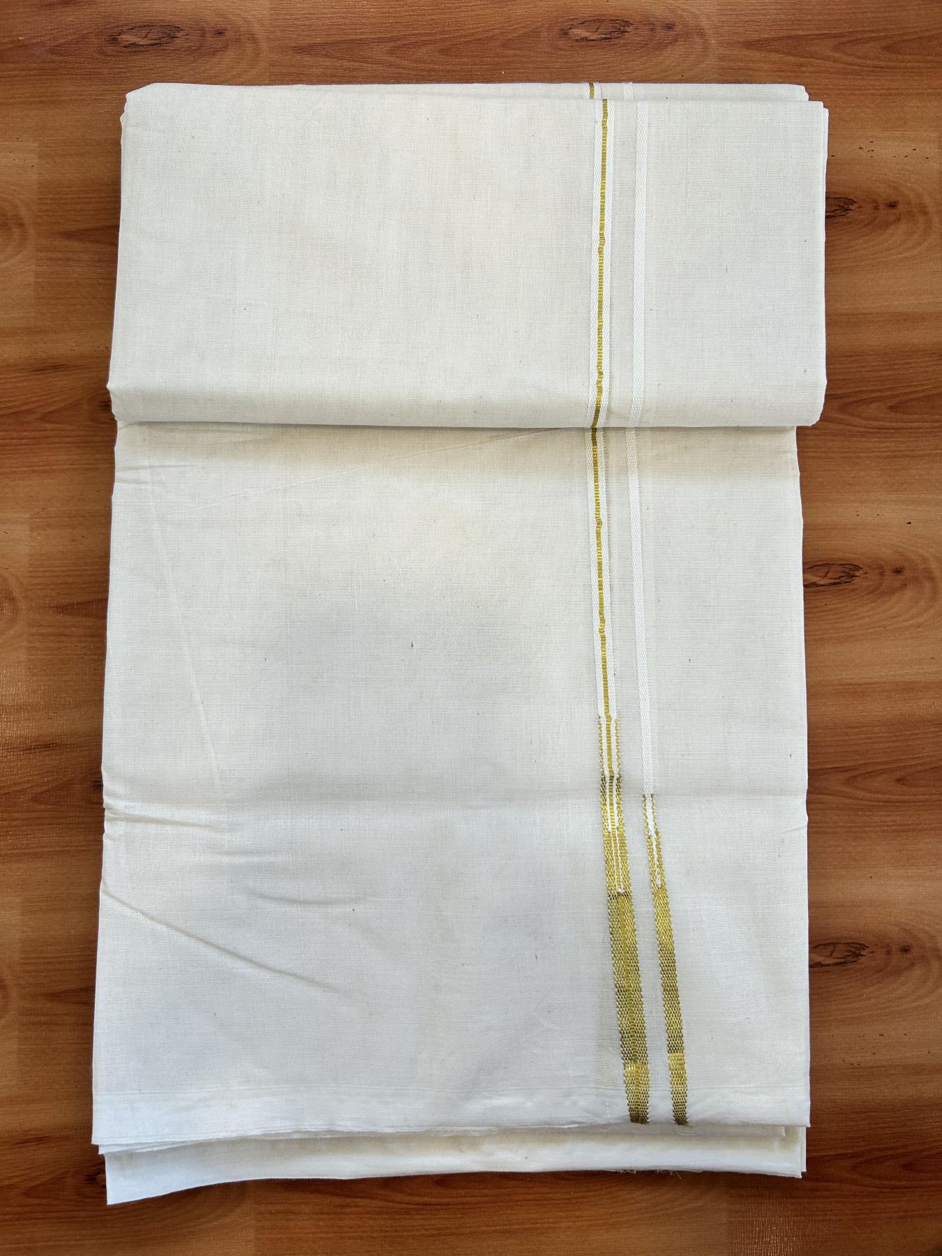 Double Off white Mundu/Dhoti - 20% Discount! KaithariKada Balaramapuram - 100% Cotton  100x100 - 1.75 inch Gold Kasav Double Chutty Kara - 4 mtr (8.5 muzham) - 12 KK5407 ASH