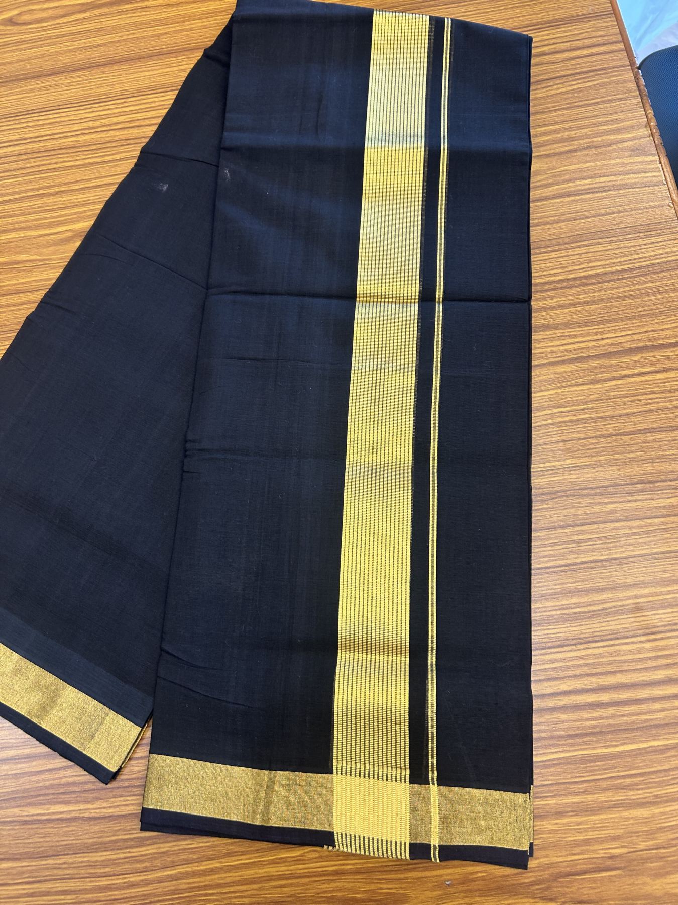 25% Discount! KaithariKada Handloom Unakkupaav - Kerala Handloom - Pure Cotton Double Mundu/Dhoti (Unbleached) - 100x80 - Black Colour Body - 2 inch Gold Kasavu Striped Kara - 4 mtr (8.5 Muzham) - 3 KK5342 ABH