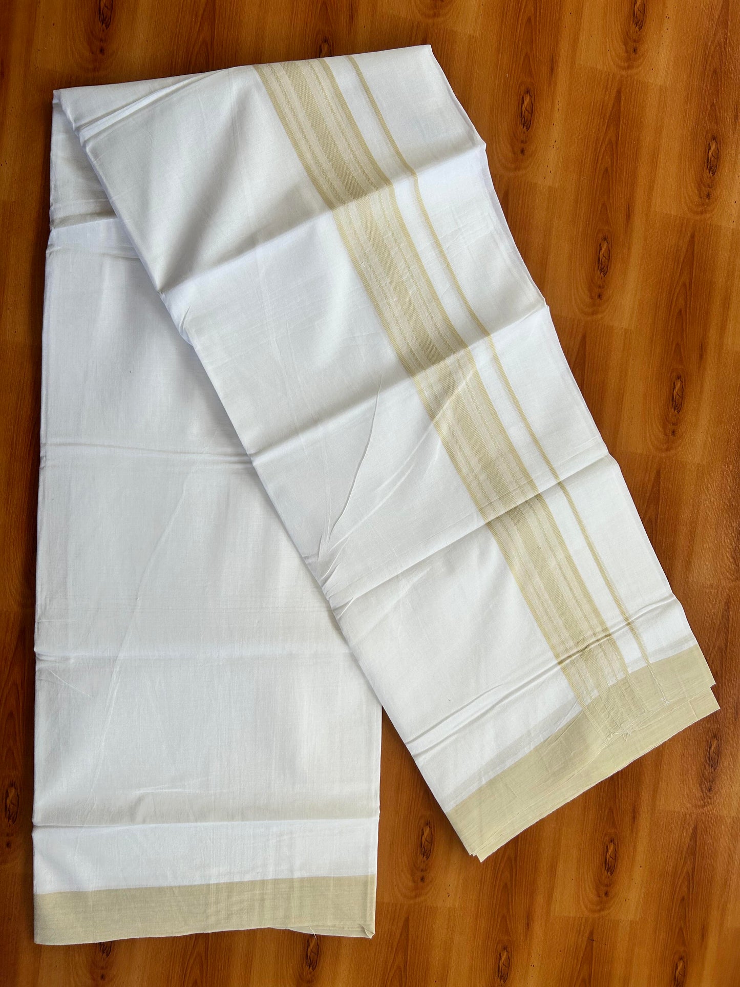 Pure White Double Mundu/Dhoti - 20% Discount ! Kaitharikada Pure Cotton - 100x80 - 1.5 inch Light Beige Shaded Stripes Kara 3.80 mtr (8 muzham) - 118 KK5452 THI