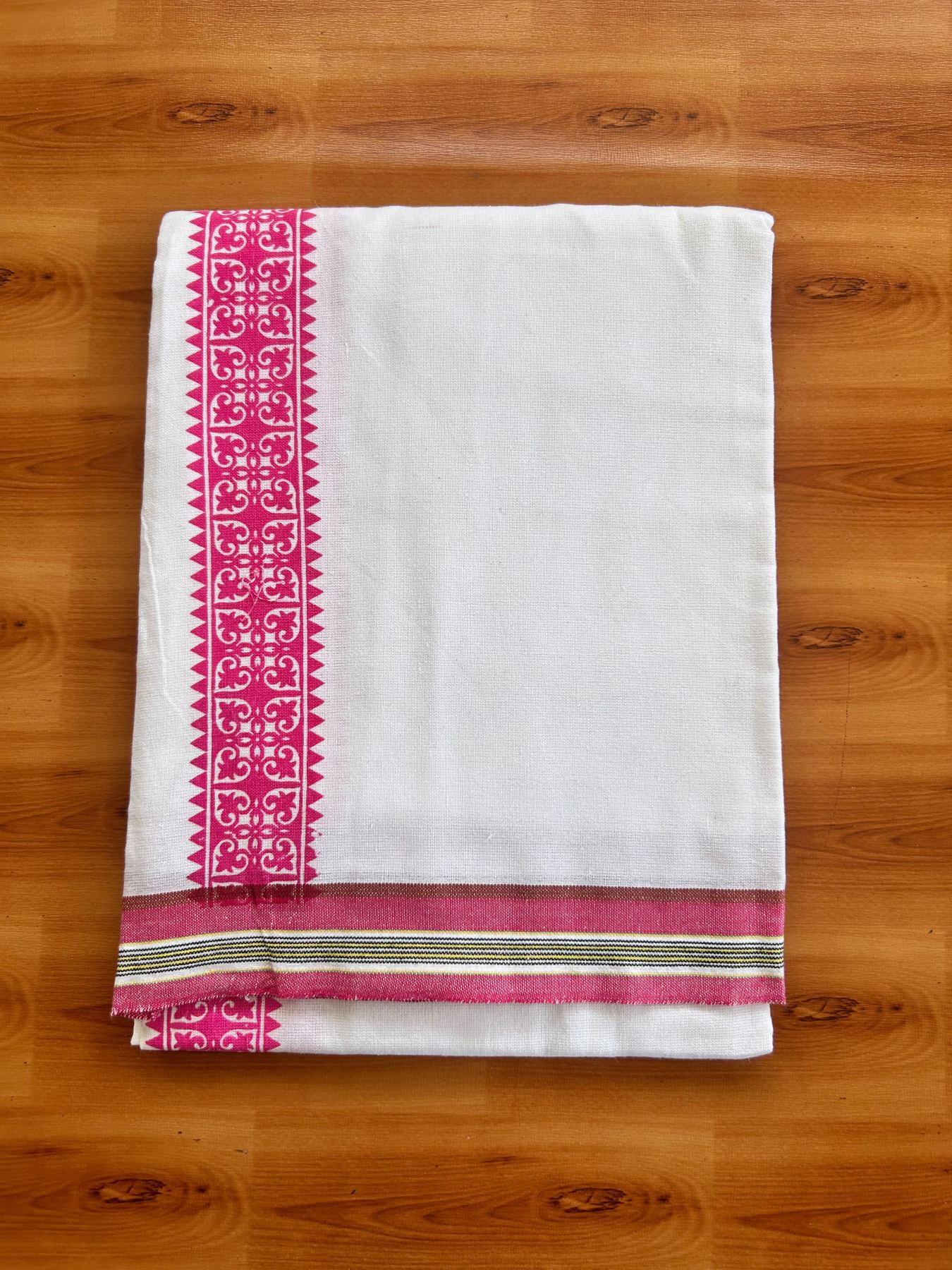 Kaitharikada - Single Kaily / Lungi - Mixed Cotton - 40s twisted - 2.5 inch Pink Printed kara with White colour body (2 meter / 4 muzham) - 13 KK8074 SAT