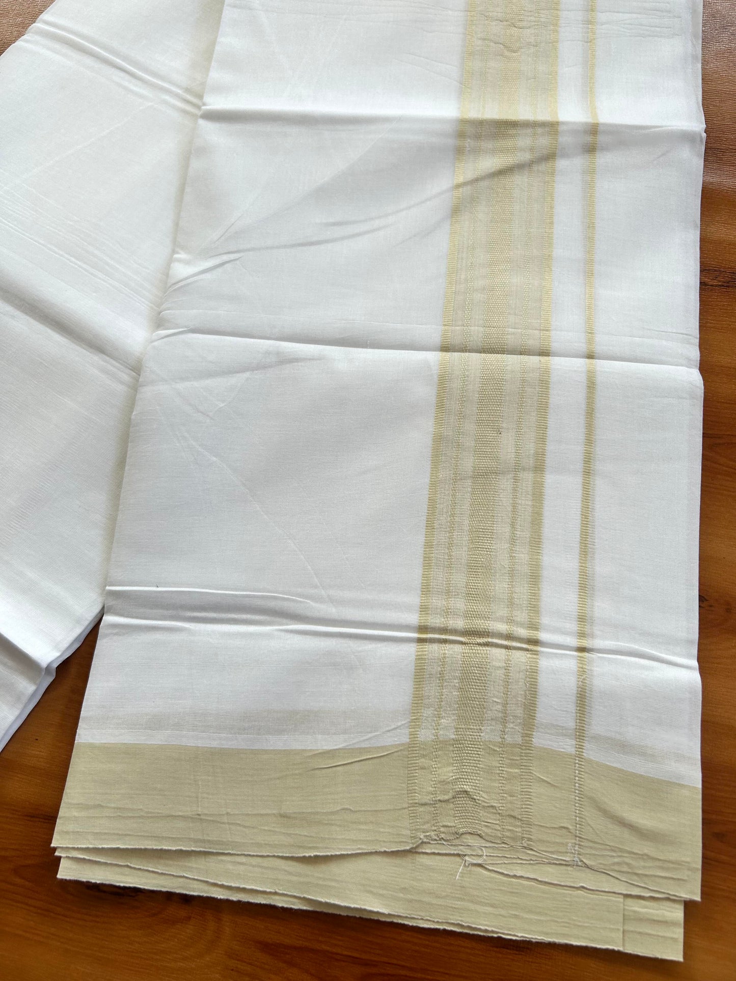Pure White Double Mundu/Dhoti - 20% Discount ! Kaitharikada Pure Cotton - 100x80 - 1.5 inch Light Beige Shaded Stripes Kara 3.80 mtr (8 muzham) - 118 KK5452 THI