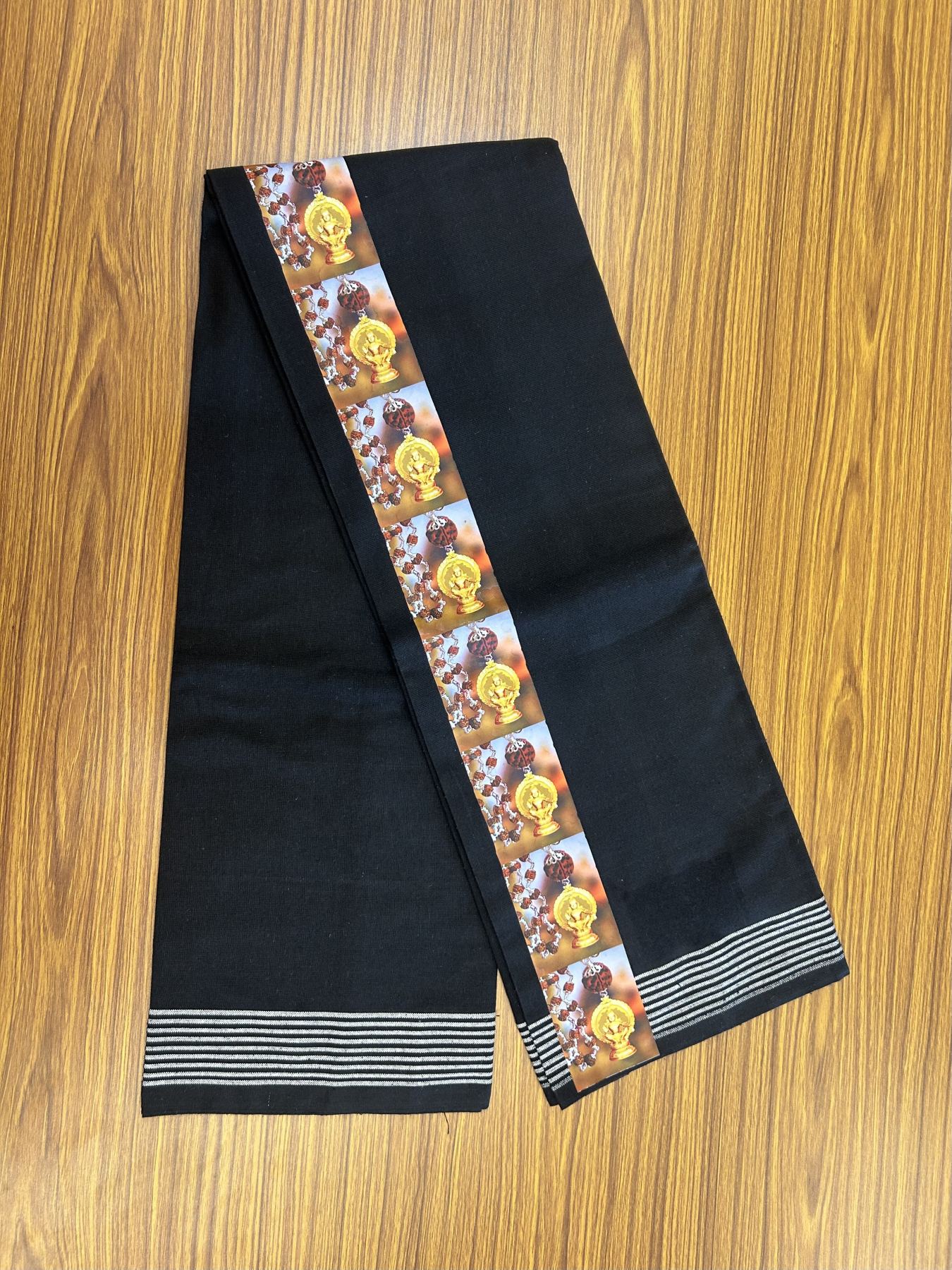Kaitharikada - Polyster + Cotton - 40s twisted - Pure white Single Kaily / Lungi - 2.5 inch Ayyappan Printed Striped Border with Black colour body (2 meter / 4 muzham) -  16 KK8041 GAN