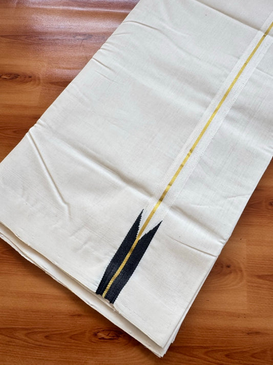 25% Discount!! KaithariKada Handloom Unakkupaav Kerala Handloom 100% Pure Cotton Off White - (Unbleached) Double Mundu/Dothi - 100X80 - 2.5 cm Puliyilakkara Gold Kasav & Black chutty Kara 4 meter (8.5 Muzham) - 18 KK5473 REA