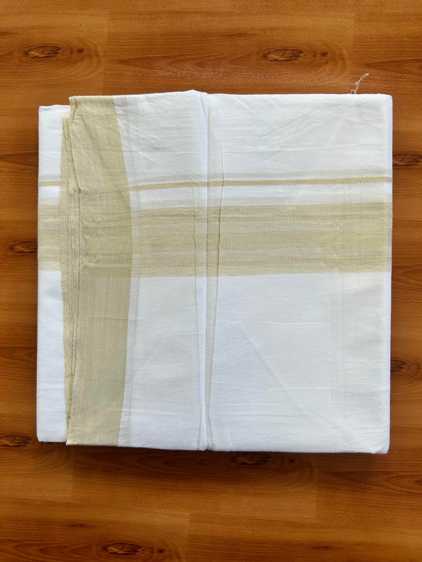 Pure White Double Mundu/Dhoti - 20% Discount ! Kaitharikada Pure Cotton - 100x80 - 1.5 inch Light Beige Shaded Stripes Kara 3.80 mtr (8 muzham) - 117 KK5452 THI
