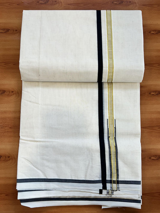 13% Discount!!! KaithariKada Balaramapuram 100% Cotton off white (Unbleached) Double Mundu/Dhoti-100x100 - 1 cm Gold & Black Chutty Kara (4.5 muzham)- 21 KK5407 ASH