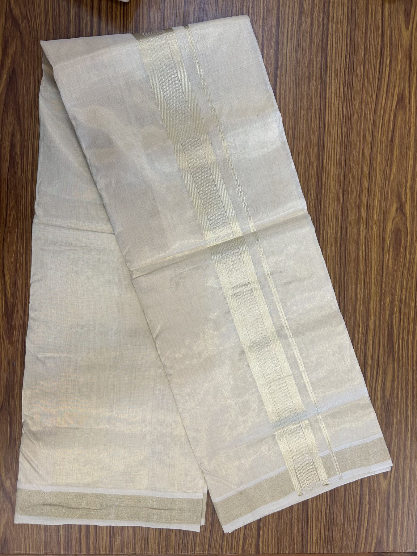 25% Discount ! KaithariKada Handloom Unakkupaav  Kerala Handloom - 100% Pure Cotton Off White (Unbleached) - Double Mundu/Dhoti - 2 inch Light Gold Kasavu Tissue Body - 4 mtr (8.5 Muzham) - 12 KK5342 ABH