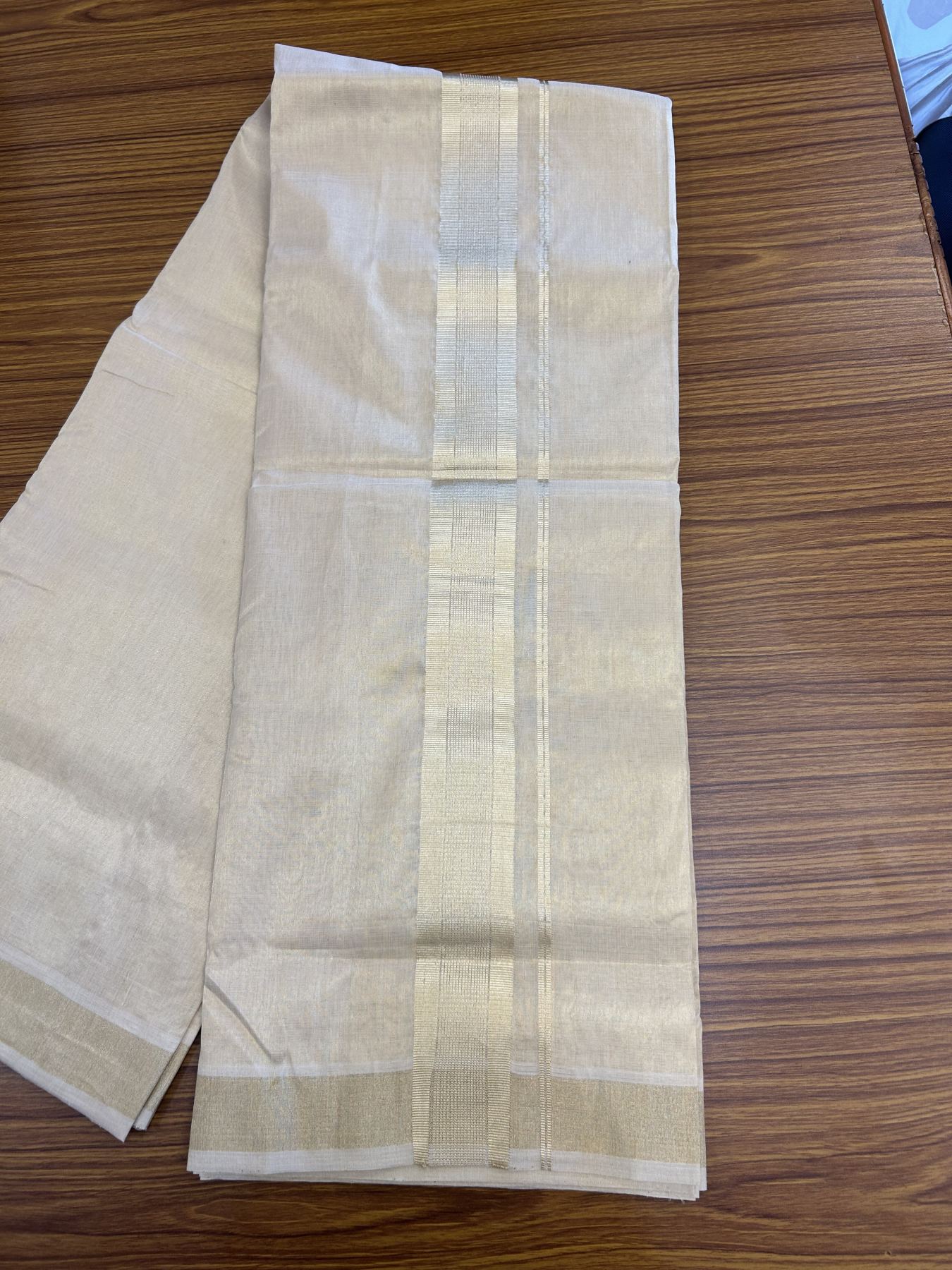 25% Discount ! KaithariKada Handloom Unakkupaav  Kerala Handloom - 100% Pure Cotton Off White (Unbleached) - Double Mundu/Dhoti - 2 inch Light Gold Kasavu Tissue Body - 4 mtr (8.5 Muzham) - 12 KK5342 ABH