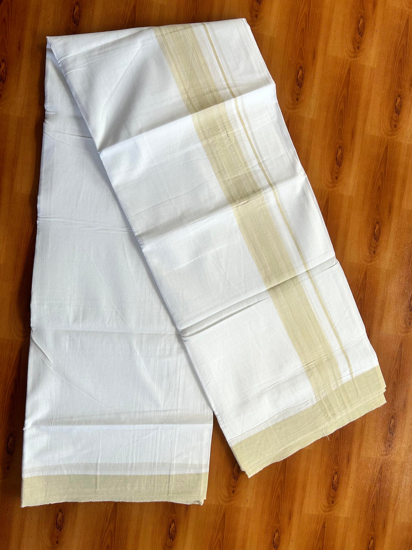Pure White Double Mundu/Dhoti - 20% Discount ! Kaitharikada Pure Cotton - 100x80 - 1.5 inch Light Beige Shaded Stripes Kara 3.80 mtr (8 muzham) - 117 KK5452 THI
