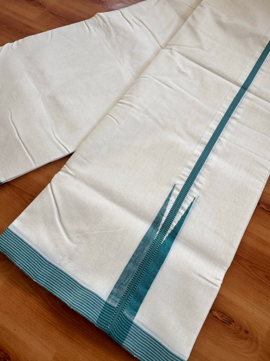 25% Discount!! KaithariKada Handloom Unakkupaav Kerala Handloom 100% Pure Cotton Off White - (Unbleached) Double Mundu/Dothi - 100X80 - 1.25 inch Puliyilakkara Teal Green & Grey chutty Kara 3.80 meter (8 Muzham) - 16 KK5473 REA