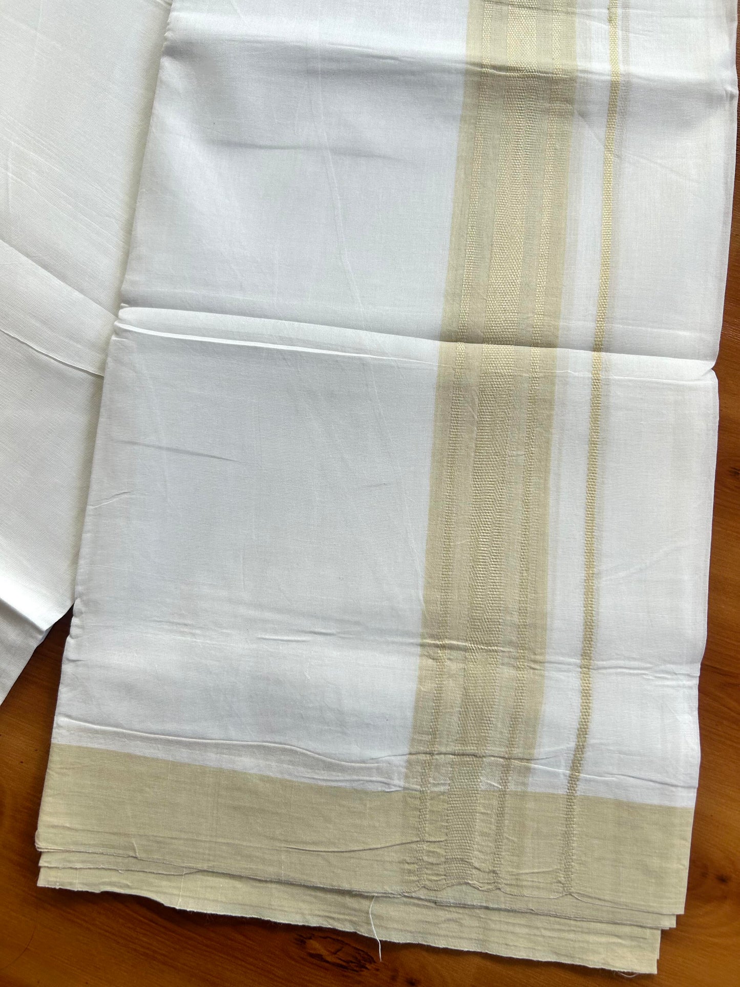 Pure White Double Mundu/Dhoti - 20% Discount ! Kaitharikada Pure Cotton - 100x80 - 1.5 inch Light Beige Shaded Stripes Kara 3.80 mtr (8 muzham) - 117 KK5452 THI