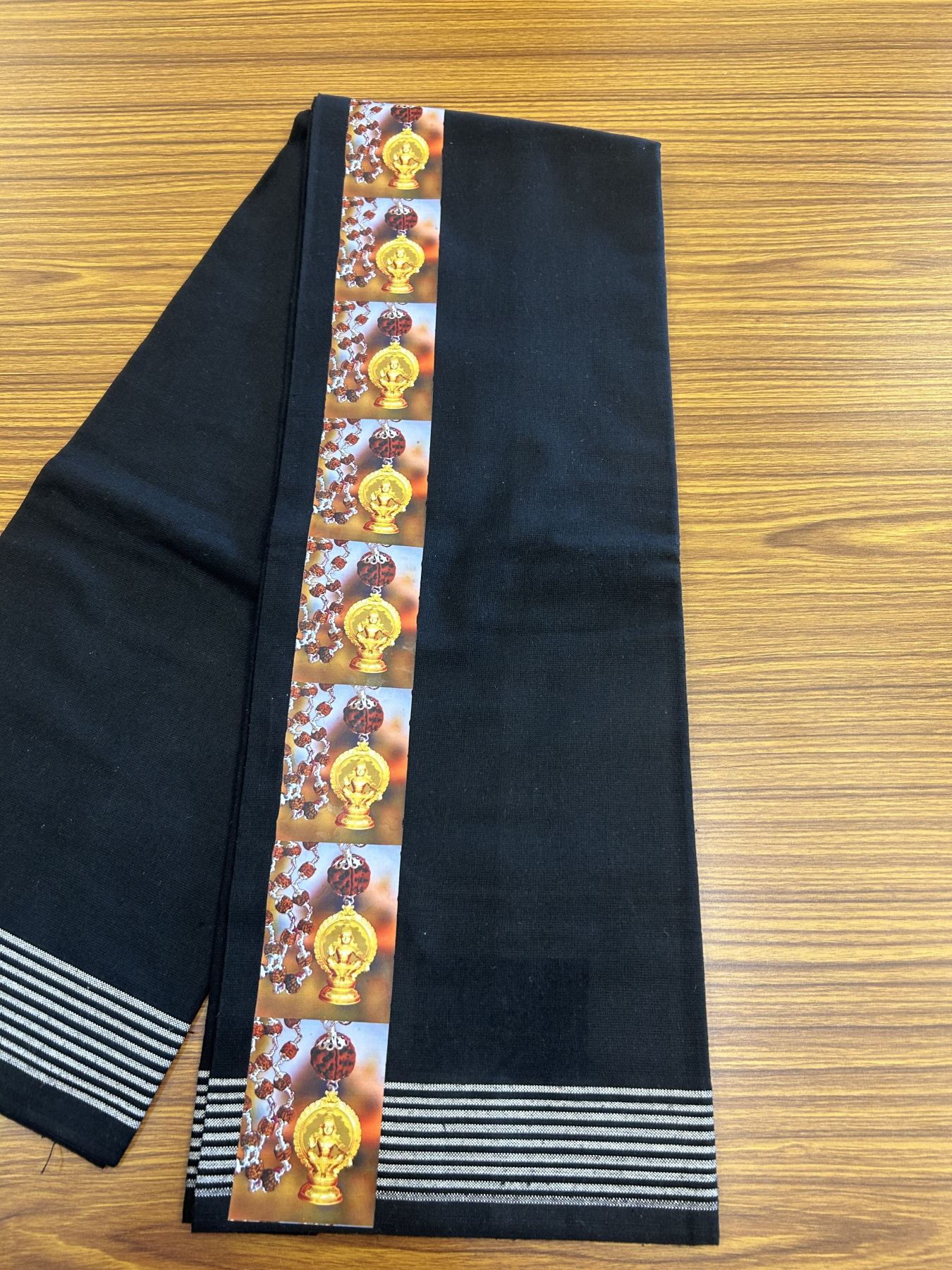 Kaitharikada - Polyster + Cotton - 40s twisted - Pure white Single Kaily / Lungi - 2.5 inch Ayyappan Printed Striped Border with Black colour body (2 meter / 4 muzham) -  16 KK8041 GAN