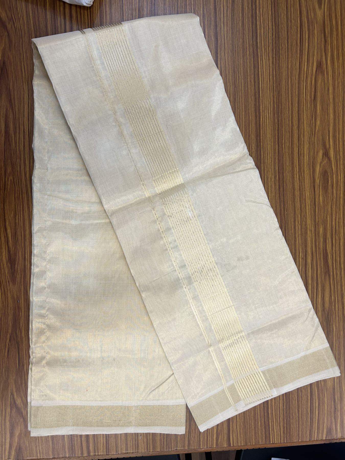 25% Discount ! KaithariKada Handloom Unakkupaav  Kerala Handloom - 100% Pure Cotton Off White (Unbleached) - Double Mundu/Dhoti - 2 inch Light Gold Kasavu Tissue Body - 4 mtr (8.5 Muzham) - 13 KK5342 ABH
