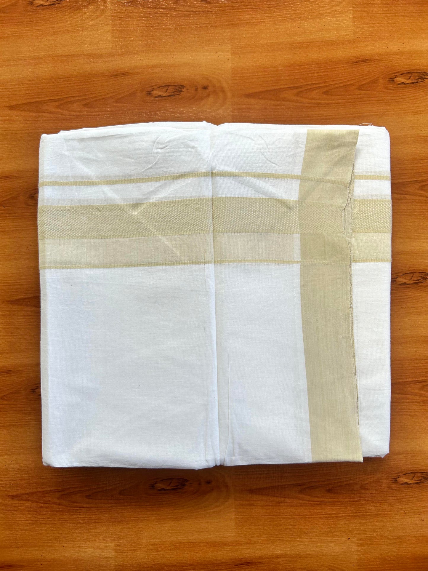 Pure White Double Mundu/Dhoti - 20% Discount ! Kaitharikada Pure Cotton - 100x80 - 2 inch Light Beige Shaded Design Kara 3.80 mtr (8 muzham) - 119 KK5452 THI
