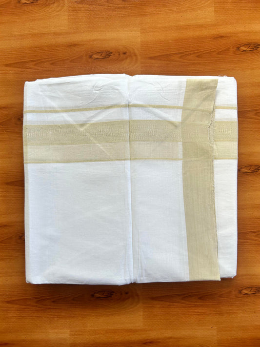 Pure White Double Mundu/Dhoti - 20% Discount ! Kaitharikada Pure Cotton - 100x80 - 2 inch Light Beige Shaded Design Kara 3.80 mtr (8 muzham) - 119 KK5452 THI