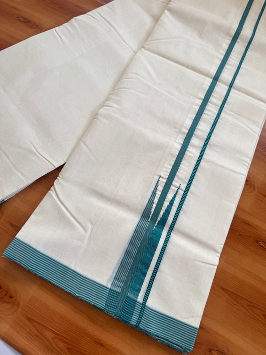 25% Discount!! KaithariKada Handloom Unakkupaav Kerala Handloom 100% Pure Cotton Off White - (Unbleached) Double Mundu/Dothi - 100X80 - 1.25 inch Puliyilakkara Teal Green & Grey chutty Kara 3.80 meter (8 Muzham) - 17 KK5473 REA