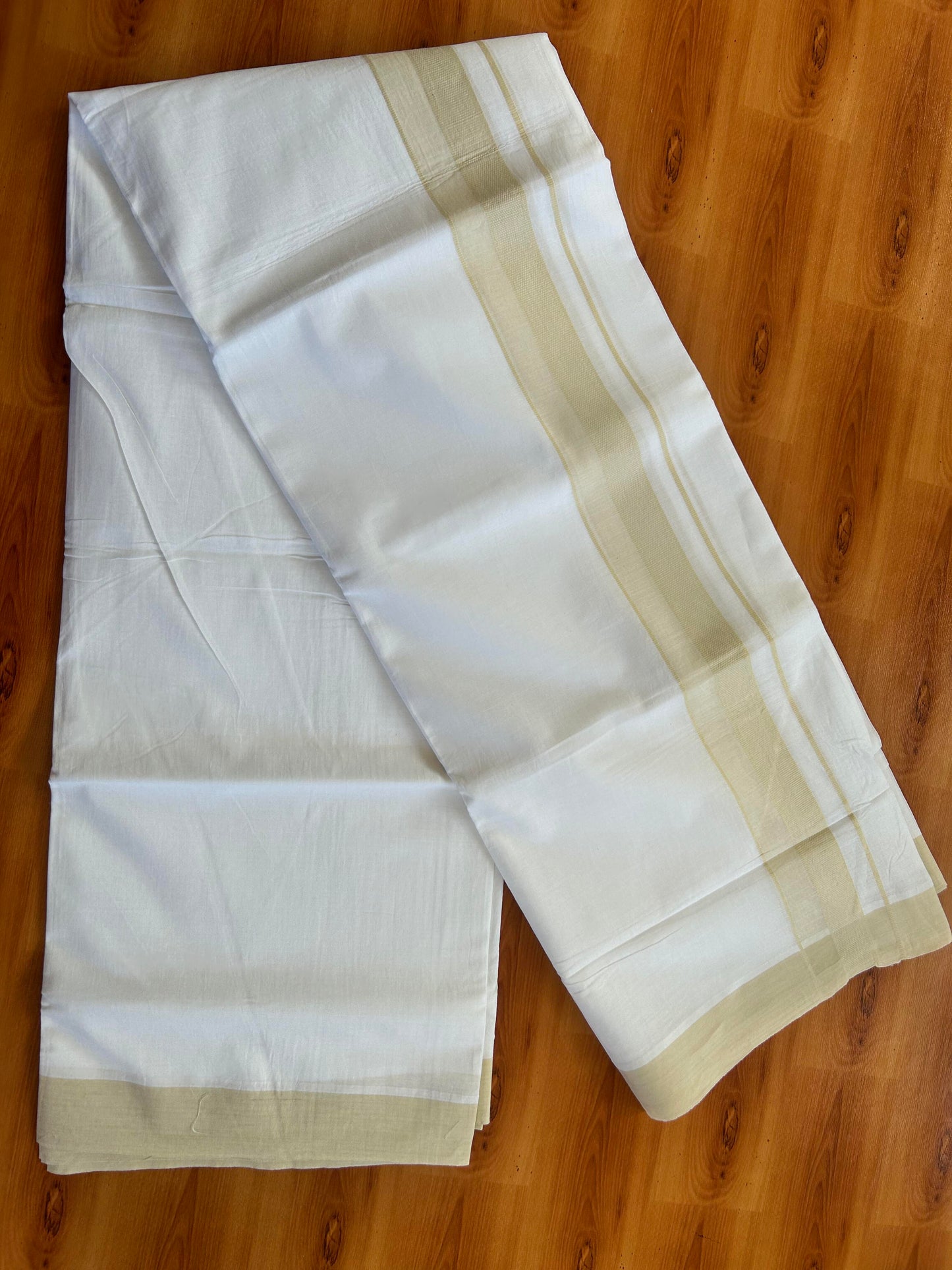 Pure White Double Mundu/Dhoti - 20% Discount ! Kaitharikada Pure Cotton - 100x80 - 2 inch Light Beige Shaded Design Kara 3.80 mtr (8 muzham) - 119 KK5452 THI