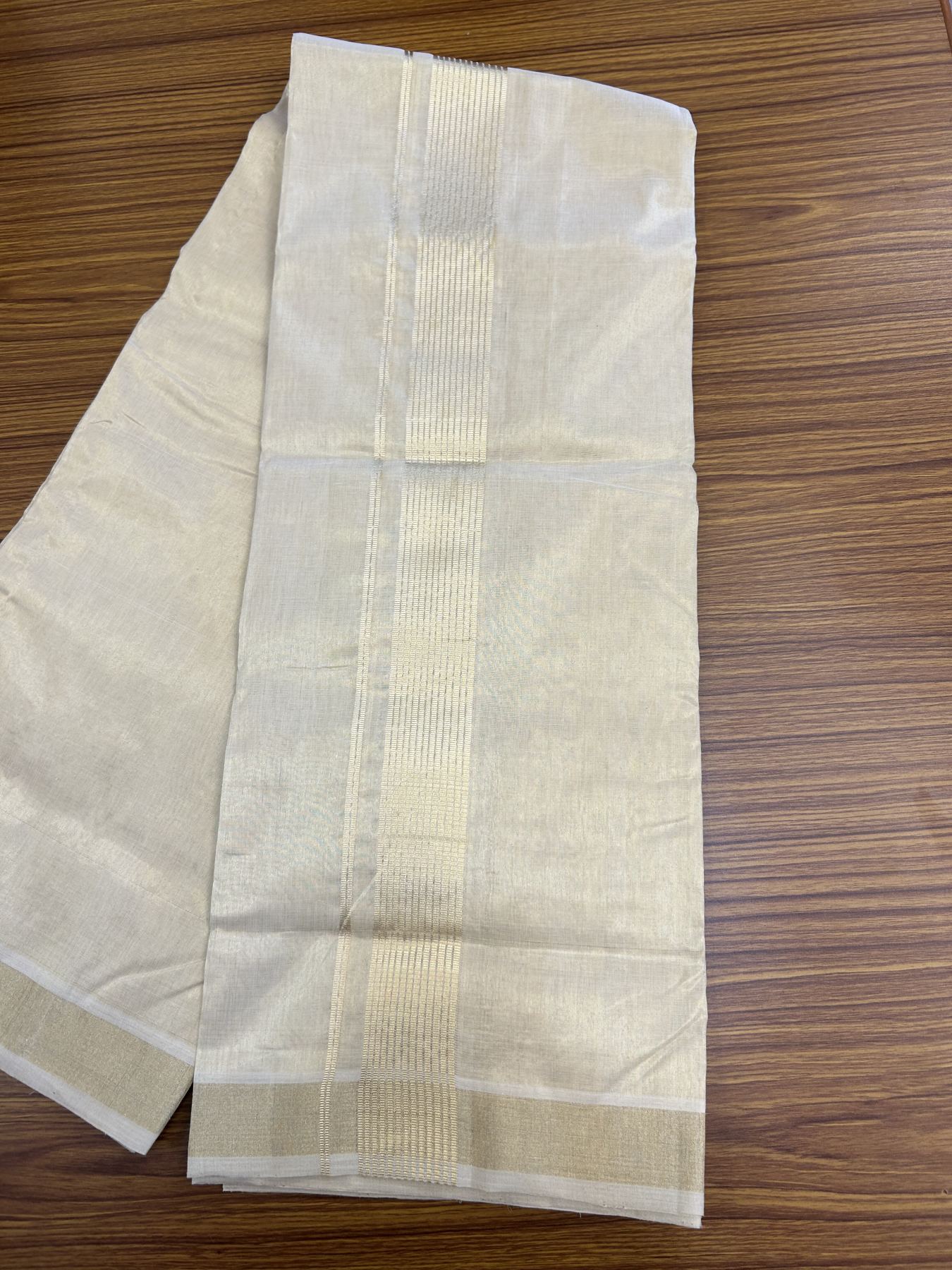 25% Discount ! KaithariKada Handloom Unakkupaav  Kerala Handloom - 100% Pure Cotton Off White (Unbleached) - Double Mundu/Dhoti - 2 inch Light Gold Kasavu Tissue Body - 4 mtr (8.5 Muzham) - 13 KK5342 ABH