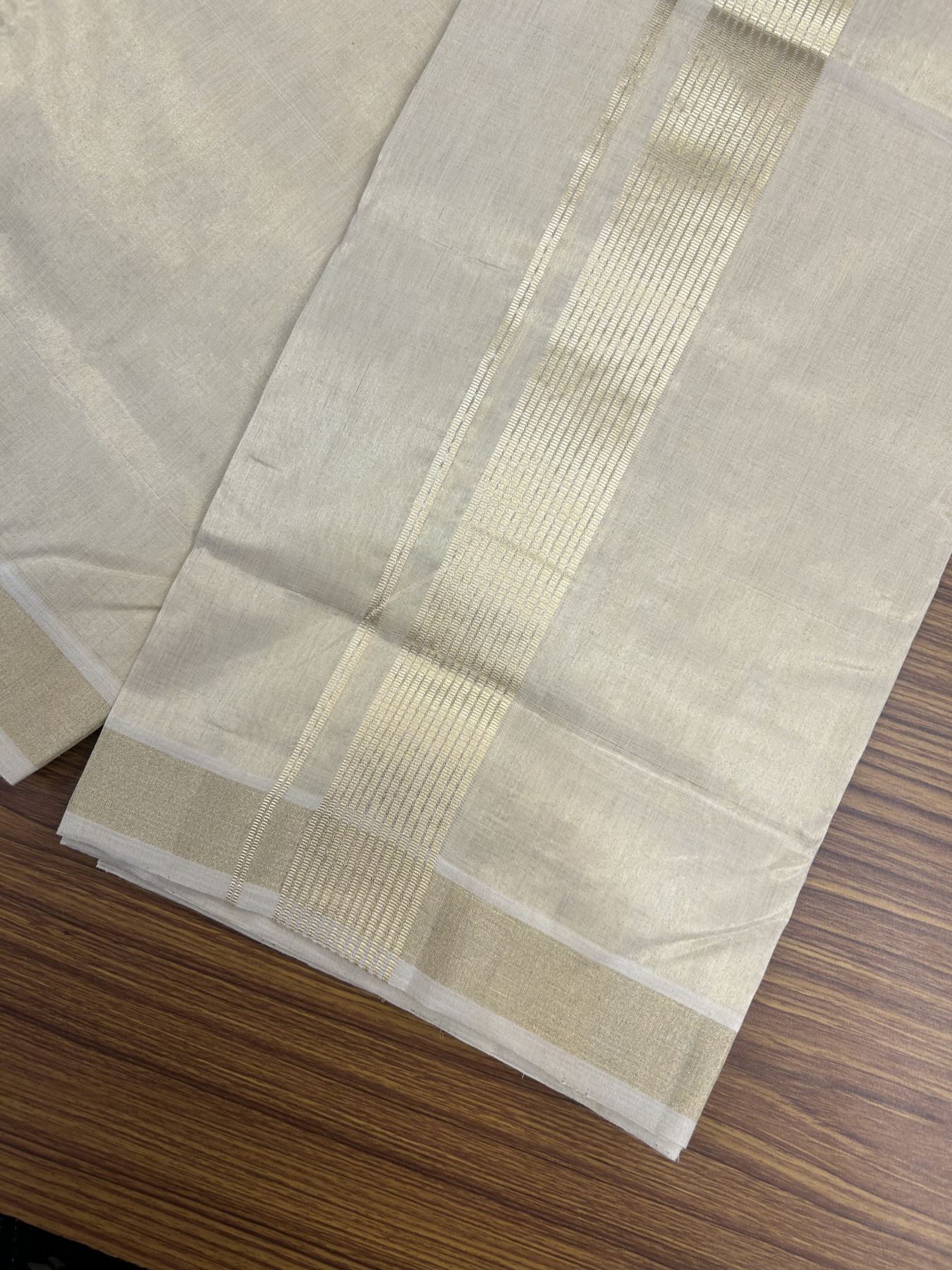 25% Discount ! KaithariKada Handloom Unakkupaav  Kerala Handloom - 100% Pure Cotton Off White (Unbleached) - Double Mundu/Dhoti - 2 inch Light Gold Kasavu Tissue Body - 4 mtr (8.5 Muzham) - 13 KK5342 ABH