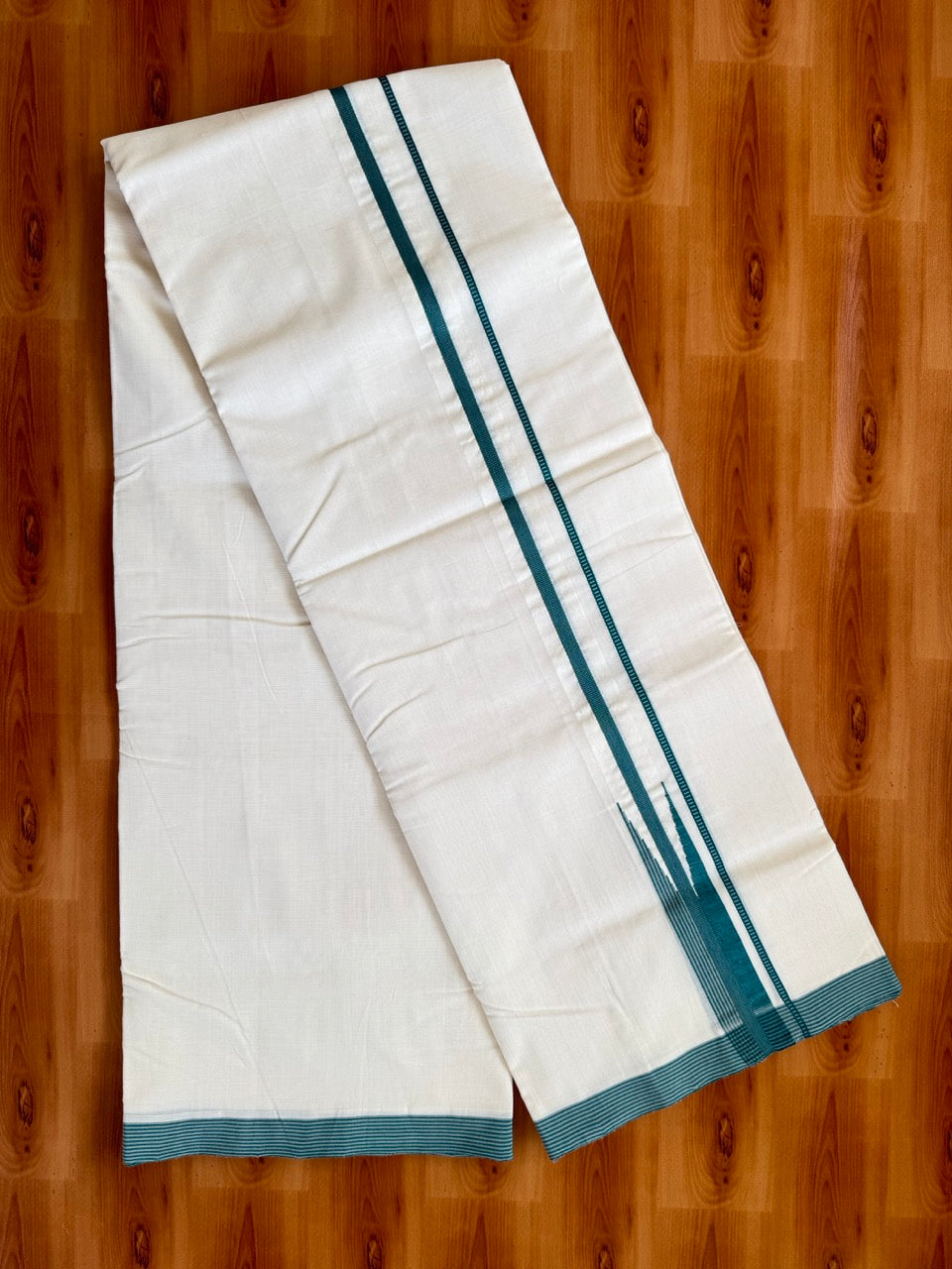 25% Discount!! KaithariKada Handloom Unakkupaav Kerala Handloom 100% Pure Cotton Off White - (Unbleached) Double Mundu/Dothi - 100X80 - 1.25 inch Puliyilakkara Teal Green & Grey chutty Kara 3.80 meter (8 Muzham) - 17 KK5473 REA