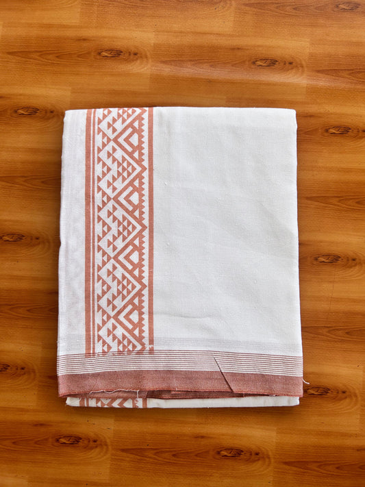 Kaitharikada - Single Kaily / Lungi - Mixed Cotton - 40s twisted - 2.5 inch Peach Brown Printed kara with White colour body (2 meter / 4 muzham) - 2 KK8074 SAT
