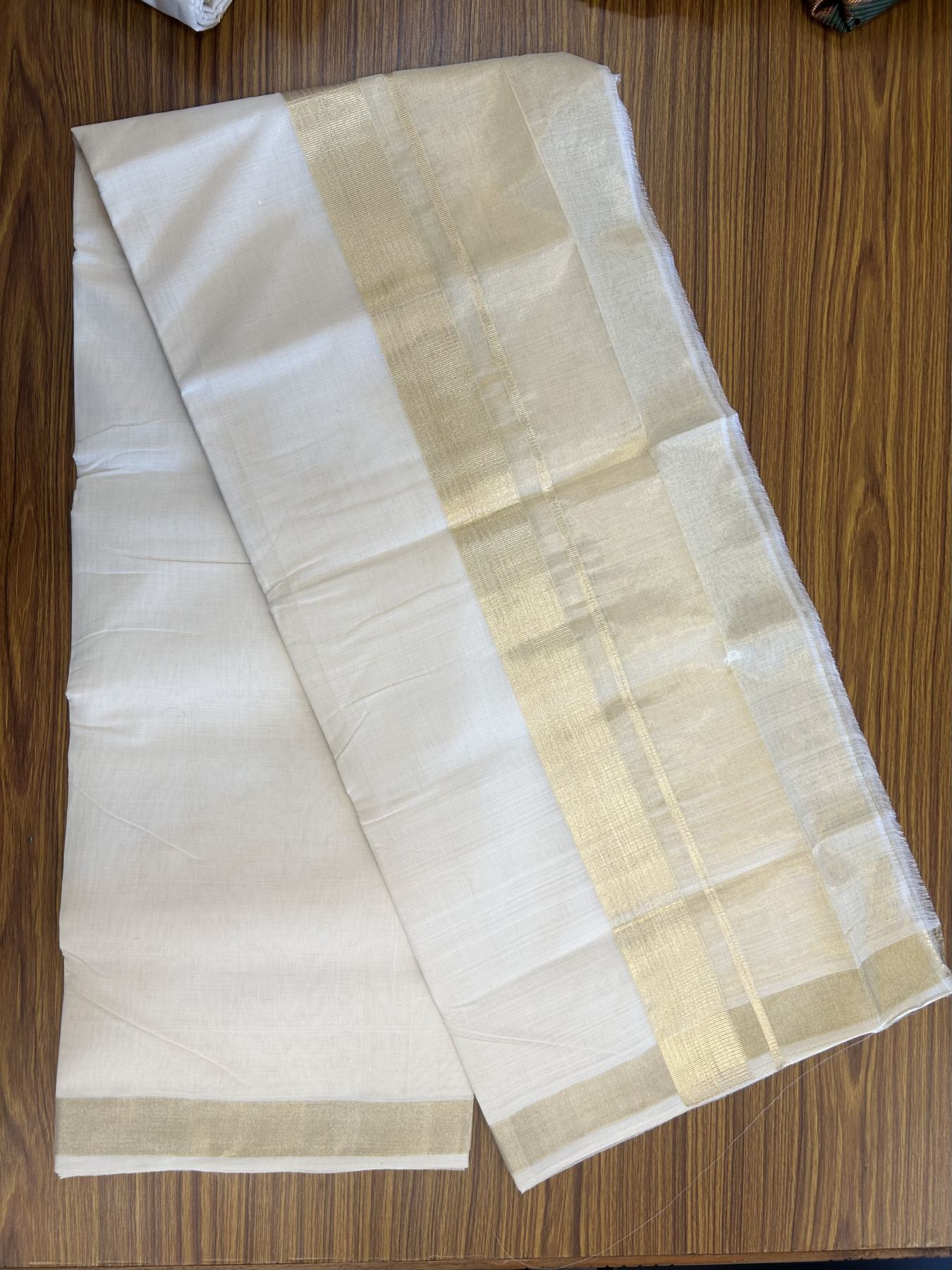 25% Discount ! KaithariKada Handloom Unakkupaav  Kerala Handloom - Pure Cotton Off White - (Unbleached) Double Mundu/Dhoti - (100X80) - 7 inch Gold Kasav Striped & Half Tissue Kara - 4 mtr (8.5 Muzham) - 4 KK5342 ABH