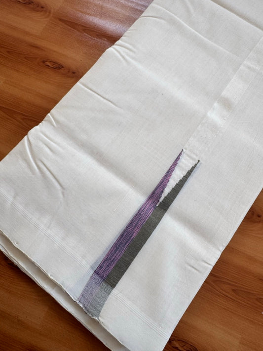 25% Discount!! KaithariKada Handloom Unakkupaav Kerala Handloom 100% Pure Cotton Off White - (Unbleached) Double Mundu/Dothi - 100X80 - 0.75 inch Puliyilakkara Olive Violet & Pink chutty Kara 3.80 meter (8 Muzham) - 11 KK5473 REA