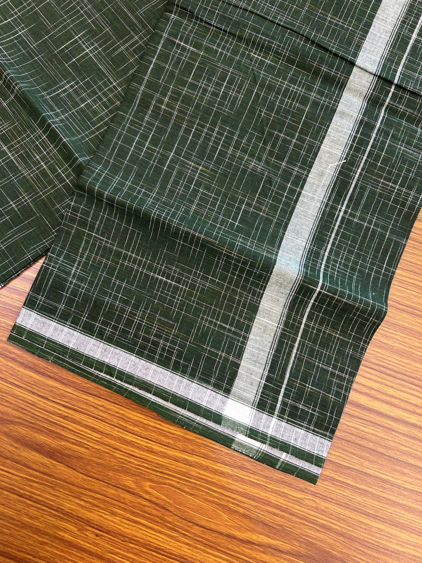 Premium Kathar Type Mund Pure cotton - Kaitharikada - Single Kaily / Lungi - 0.75 inch White Stripes kara Plain Border with Dark Green & White Stripes colour body (2 meter / 4 muzham) -  38 KK8050 MUT