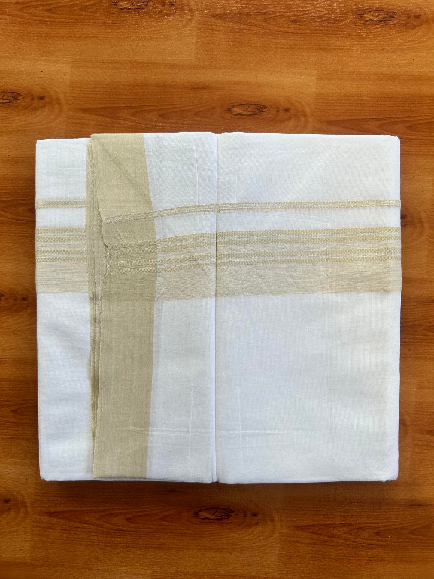 Pure White Double Mundu/Dhoti - 20% Discount ! Kaitharikada Balaramapuram Pure Cotton - 100x80 - 1.5 inch Light Beige Shaded Stripes Kara 3.80 mtr (8 muzham) - 113 KK5452 THI