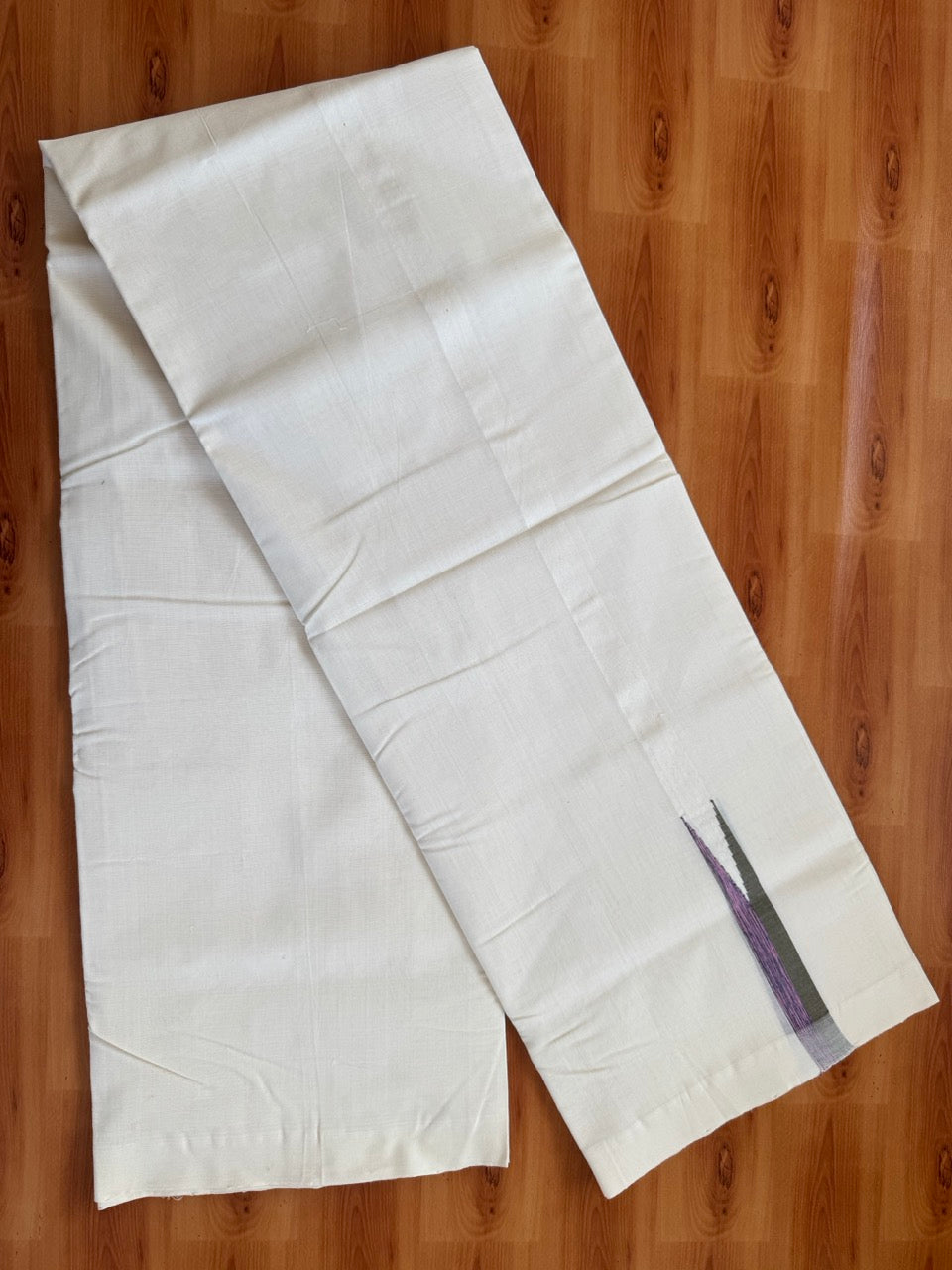 25% Discount!! KaithariKada Handloom Unakkupaav Kerala Handloom 100% Pure Cotton Off White - (Unbleached) Double Mundu/Dothi - 100X80 - 0.75 inch Puliyilakkara Olive Violet & Pink chutty Kara 3.80 meter (8 Muzham) - 11 KK5473 REA