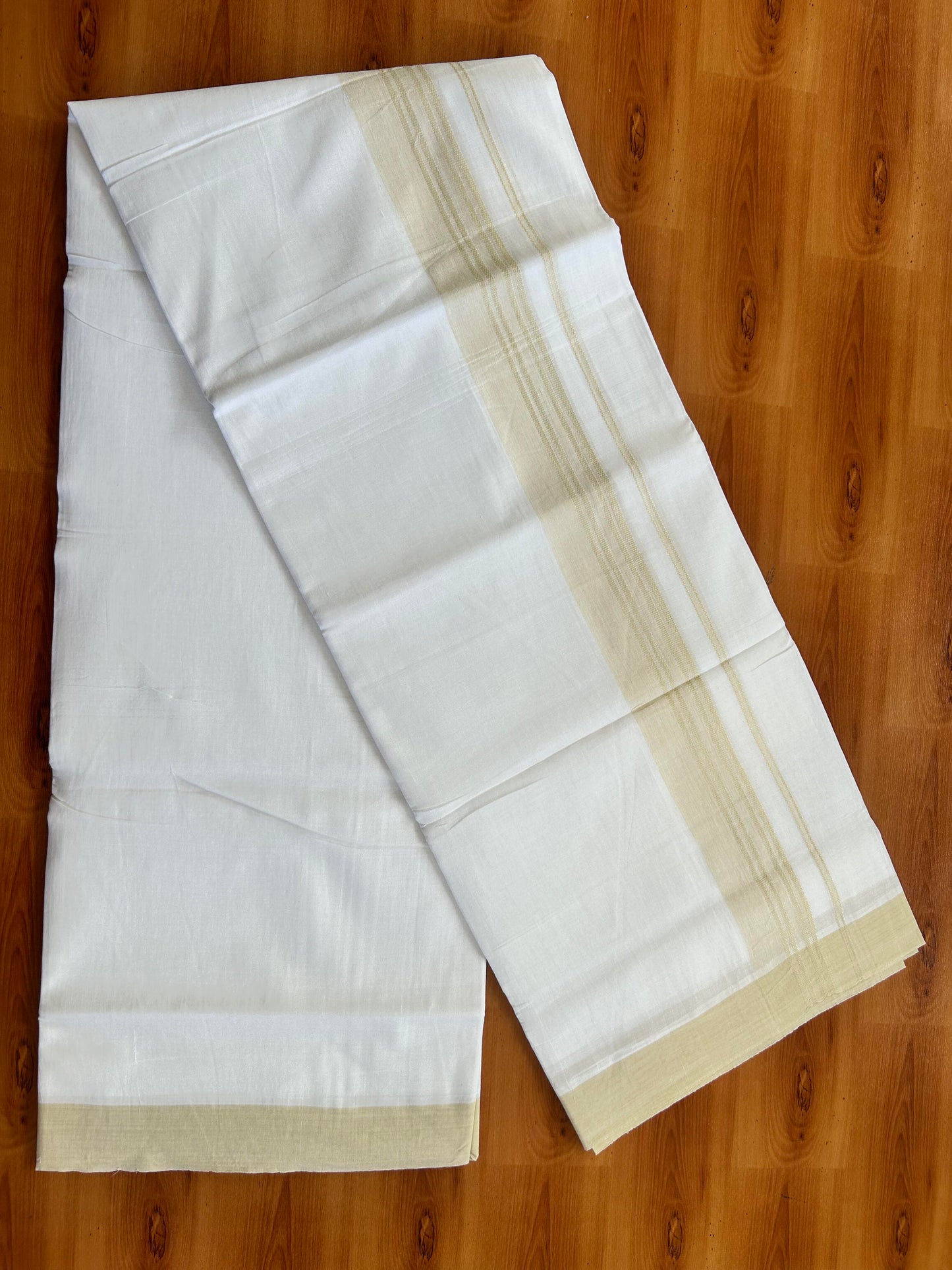 Pure White Double Mundu/Dhoti - 20% Discount ! Kaitharikada Balaramapuram Pure Cotton - 100x80 - 1.5 inch Light Beige Shaded Stripes Kara 3.80 mtr (8 muzham) - 113 KK5452 THI