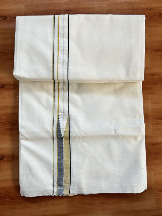 Single Mundu/Dhoti - Off White (Unbleached) 20% Discount !! KaithariKada Balaramapuram 100% Cotton Twisted 100s Thread - 0.75 inch Silver Kasav Black & Yellow Puliyilakkara Chutty (2 meter/4 Muzham) - 4 KK5407 ASH