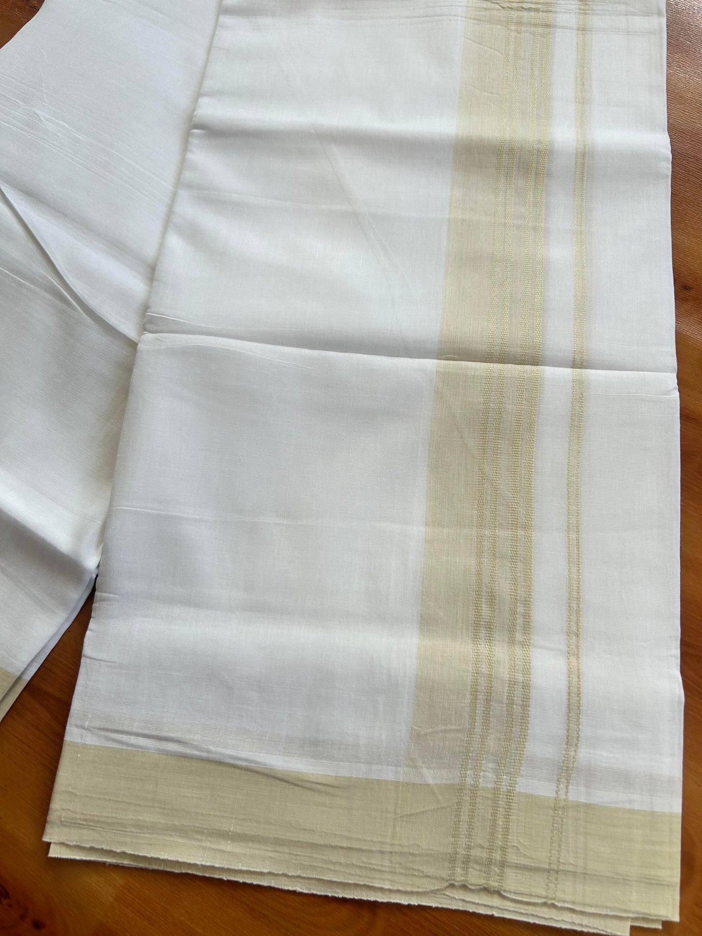 Pure White Double Mundu/Dhoti - 20% Discount ! Kaitharikada Balaramapuram Pure Cotton - 100x80 - 1.5 inch Light Beige Shaded Stripes Kara 3.80 mtr (8 muzham) - 113 KK5452 THI