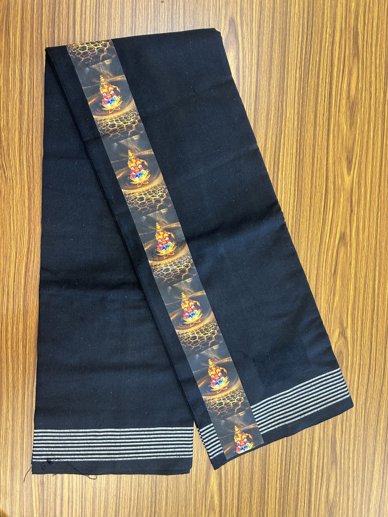 Kaitharikada - Polyster + Cotton - 40s twisted - Pure white Single Kaily / Lungi - 2.5 inch Ayyappan Printed Striped Border with Black colour body (2 meter / 4 muzham) -  17 KK8041 GAN
