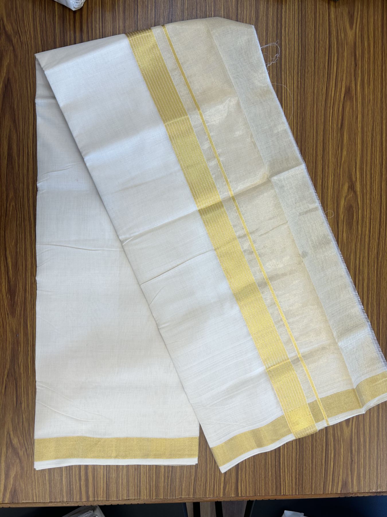 25% Discount ! KaithariKada Handloom Unakkupaav  Kerala Handloom - Pure Cotton Off White - (Unbleached) Double Mundu/Dhoti - (100X80) - 7 inch Gold Kasav Striped & Half Tissue Kara - 4 mtr (8.5 Muzham) -  5 KK5342 ABH