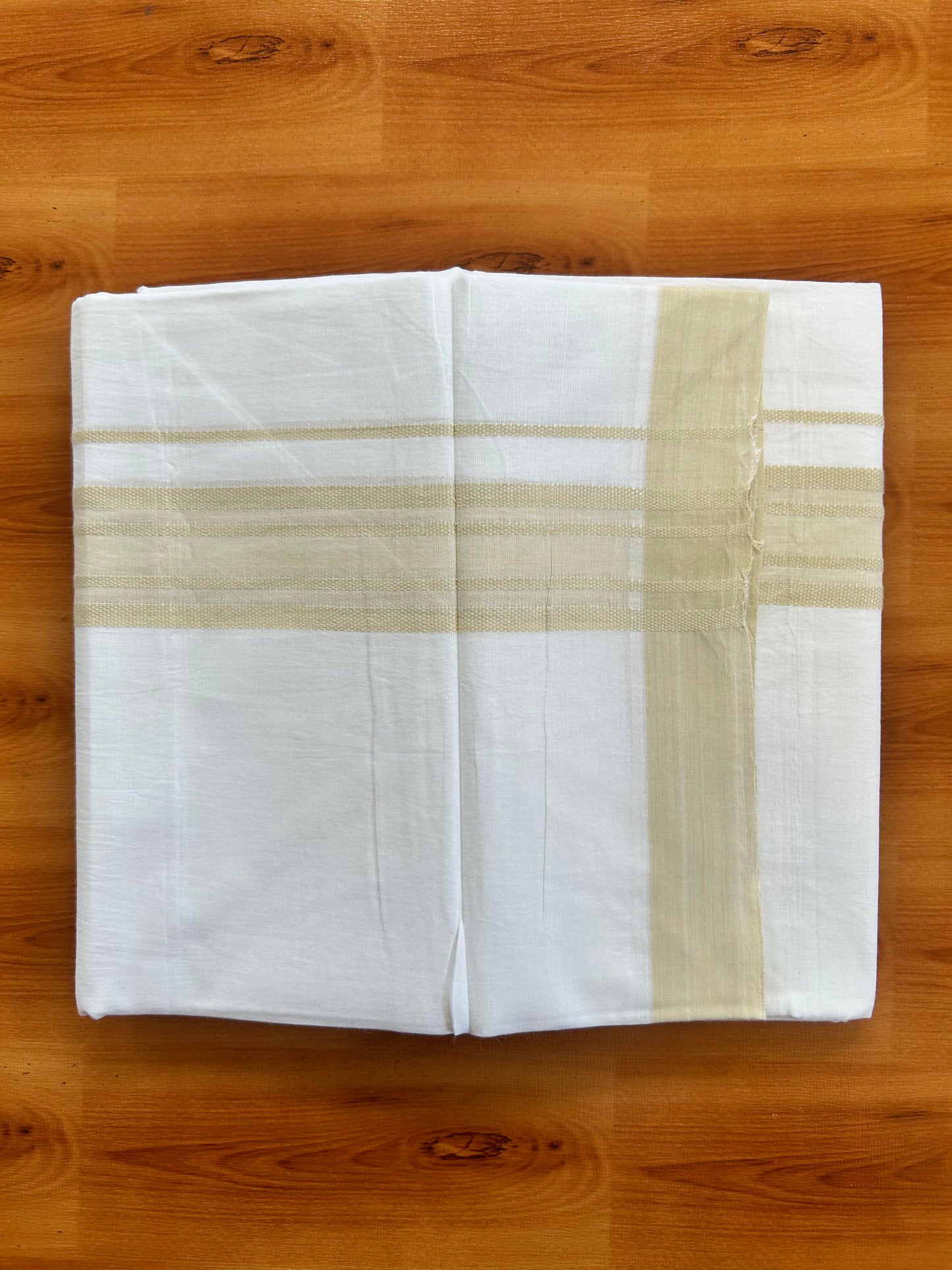 Pure White Double Mundu/Dhoti - 20% Discount ! Kaitharikada Pure Cotton - 100x80 - 1.5 inch Light Beige Shaded Stripes Kara 3.80 mtr (8 muzham) - 116 KK5452 THI
