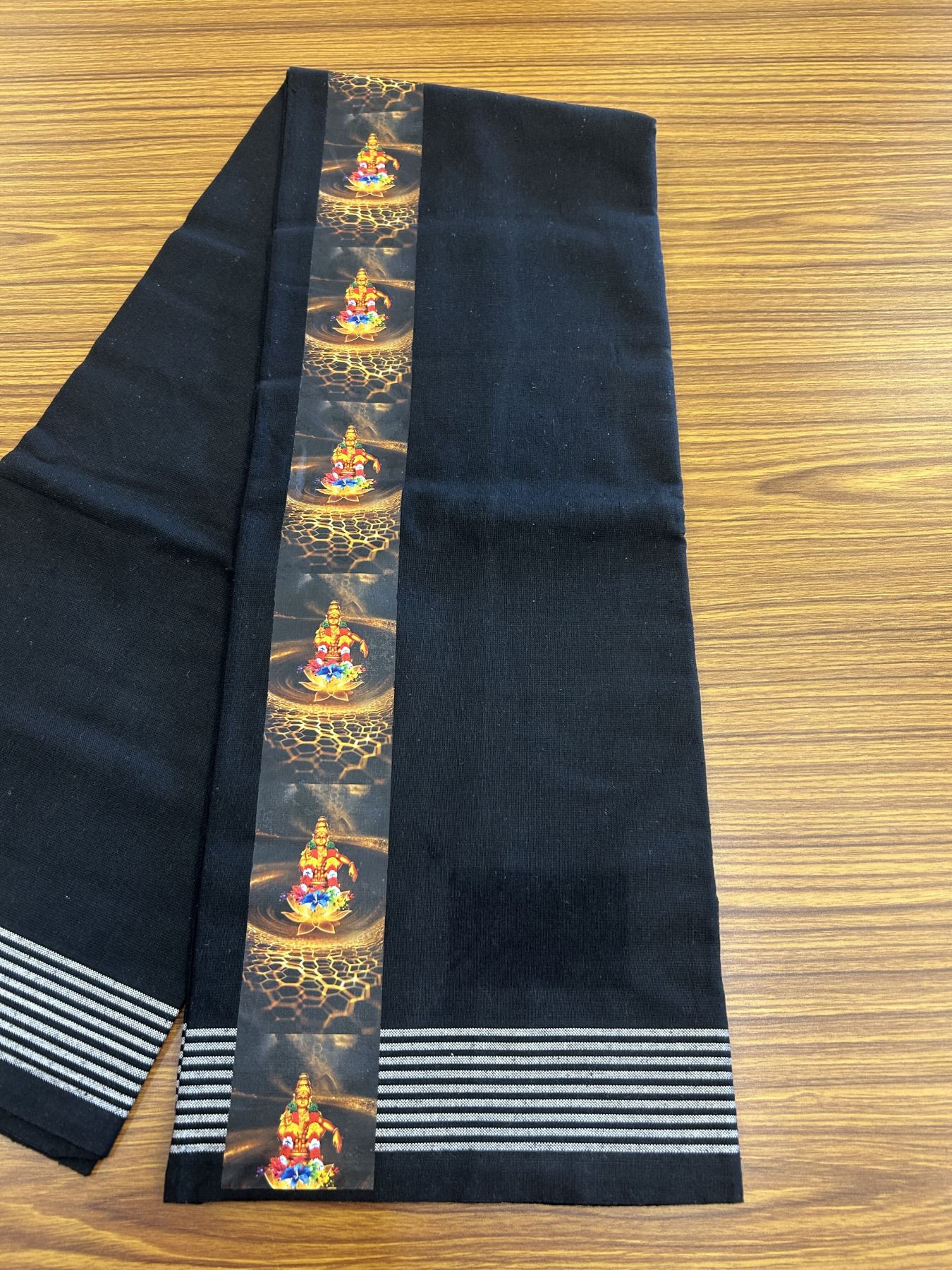 Kaitharikada - Polyster + Cotton - 40s twisted - Pure white Single Kaily / Lungi - 2.5 inch Ayyappan Printed Striped Border with Black colour body (2 meter / 4 muzham) -  17 KK8041 GAN