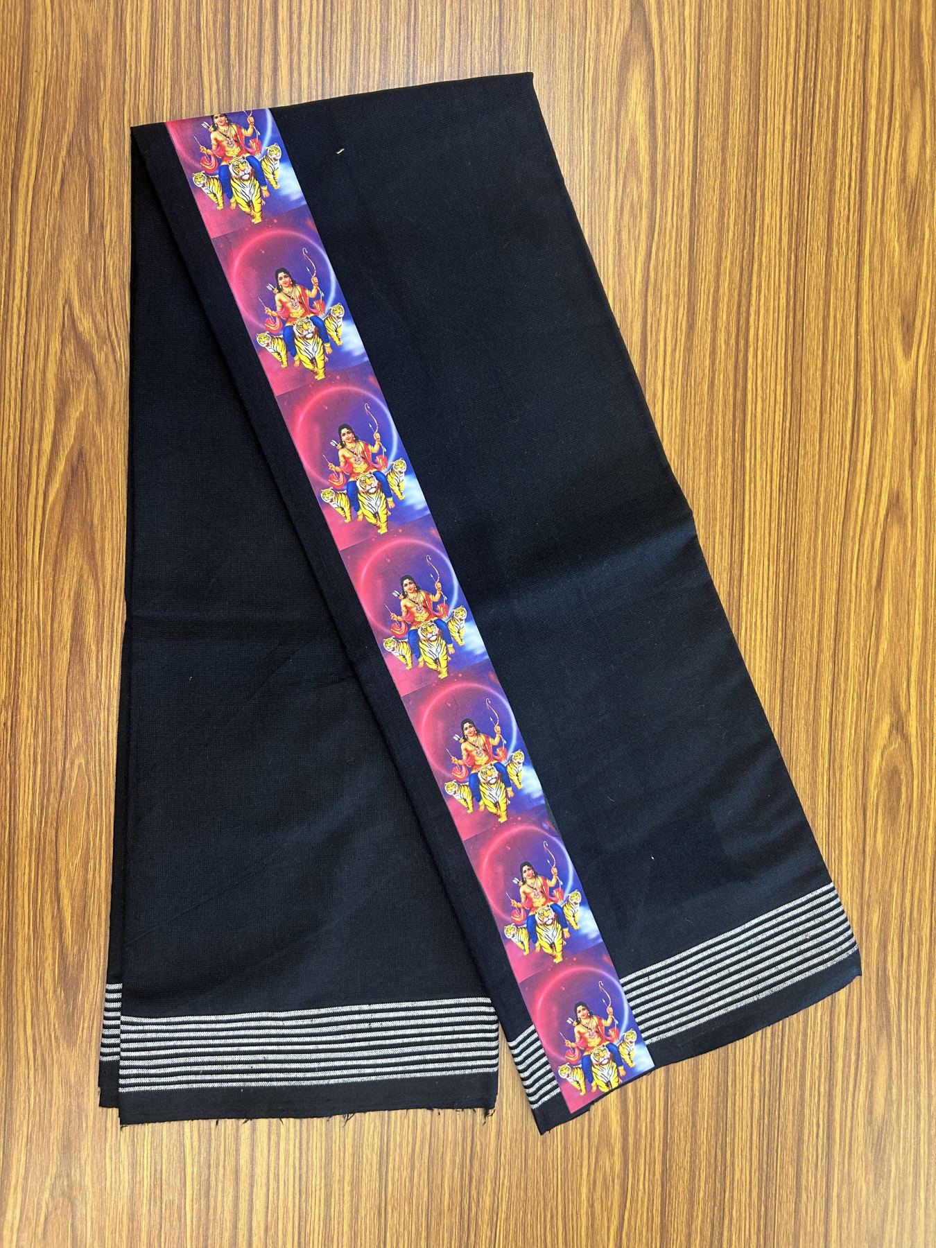Kaitharikada - Polyster + Cotton - 40s twisted - Pure white Single Kaily / Lungi - 2.5 inch Ayyappan Printed Striped Border with Black colour body (2 meter / 4 muzham) -  18 KK8041 GAN