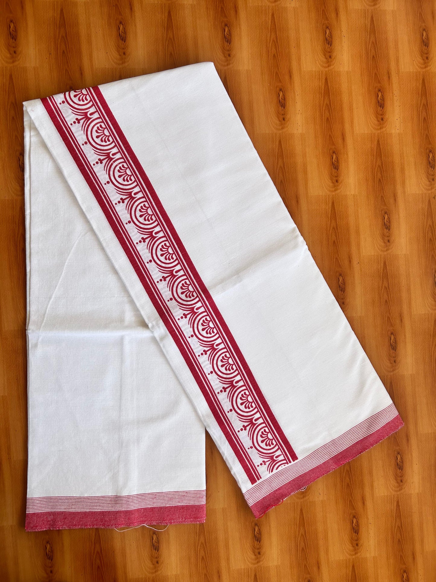 Kaitharikada - Single Kaily / Lungi - Mixed Cotton - 40s twisted - 2.5 inch Red Printed kara with White colour body (2 meter / 4 muzham) - 7 KK8074 SAT