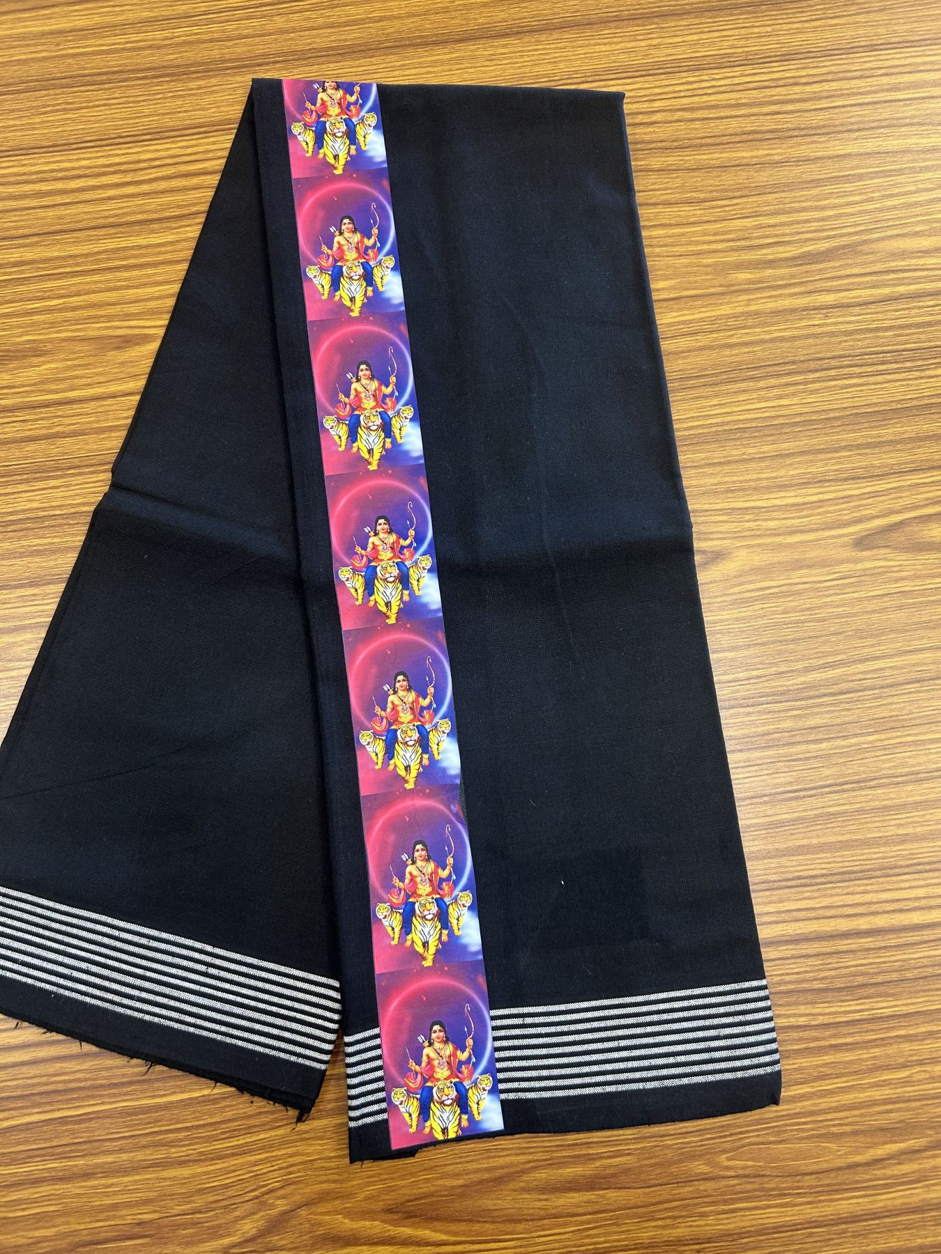 Kaitharikada - Polyster + Cotton - 40s twisted - Pure white Single Kaily / Lungi - 2.5 inch Ayyappan Printed Striped Border with Black colour body (2 meter / 4 muzham) -  18 KK8041 GAN