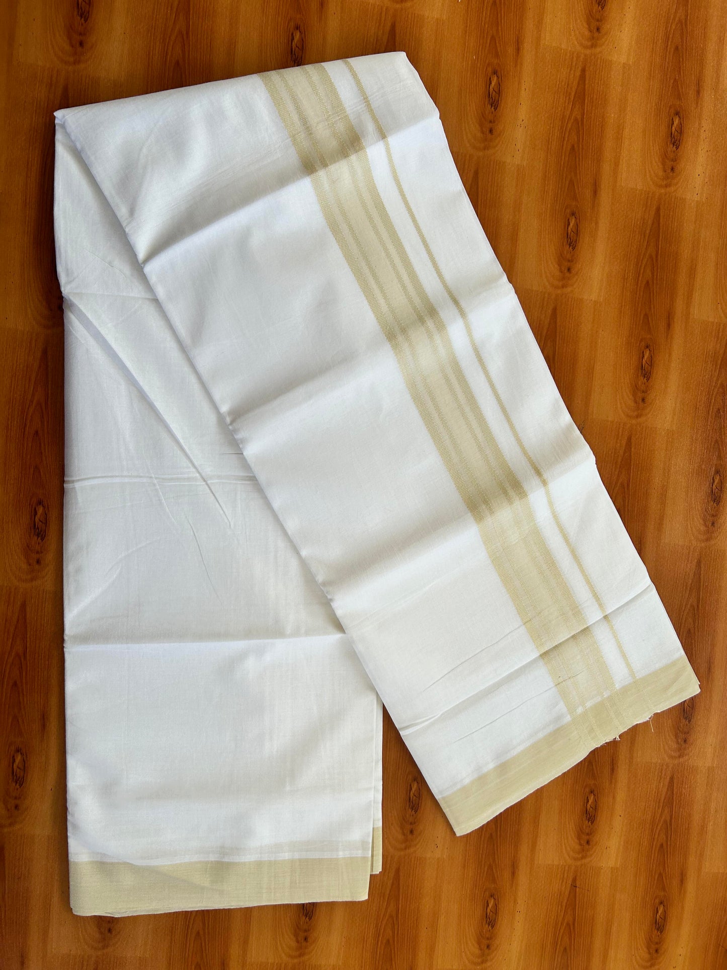 Pure White Double Mundu/Dhoti - 20% Discount ! Kaitharikada Pure Cotton - 100x80 - 1.5 inch Light Beige Shaded Stripes Kara 3.80 mtr (8 muzham) - 116 KK5452 THI