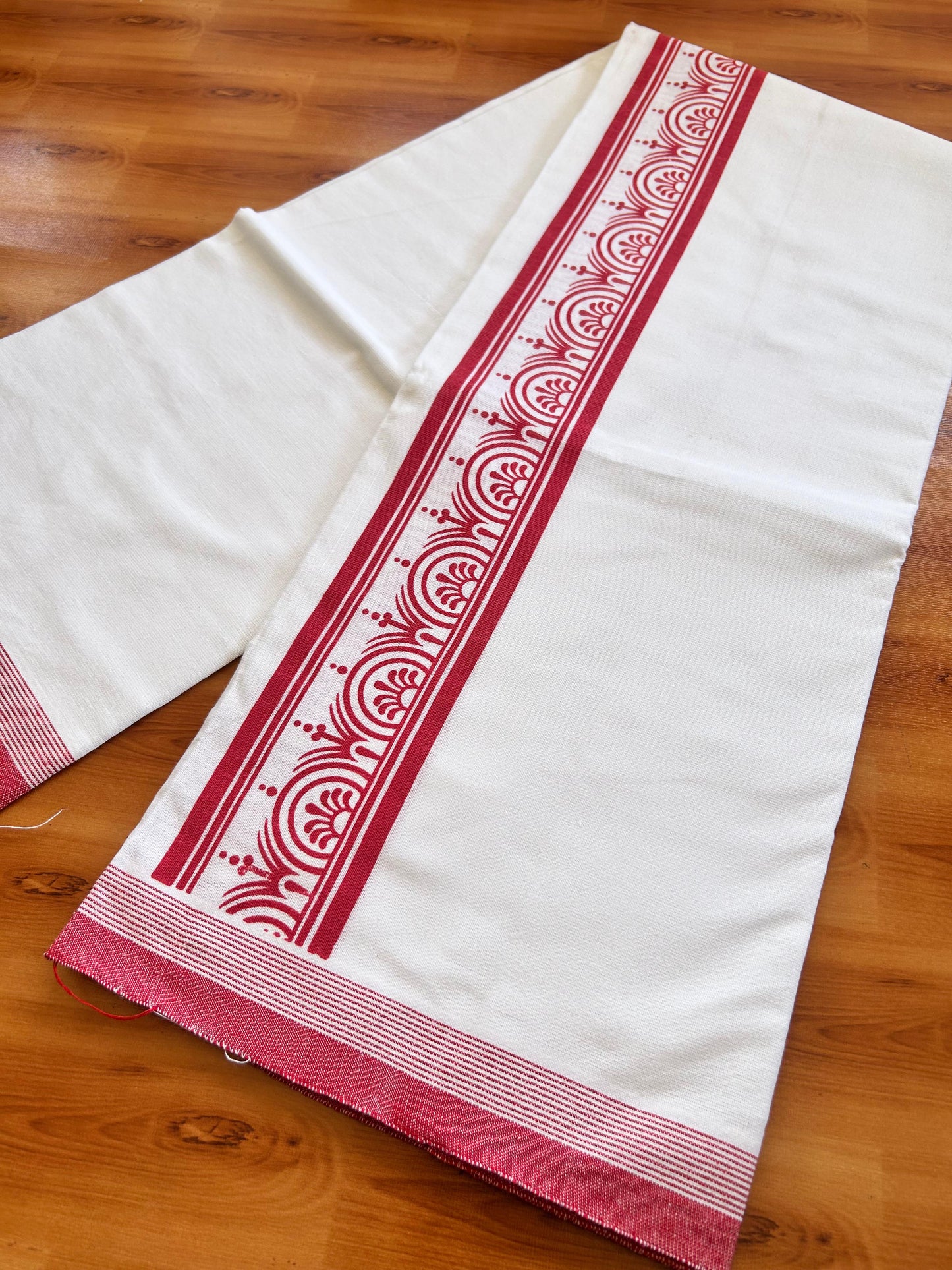 Kaitharikada - Single Kaily / Lungi - Mixed Cotton - 40s twisted - 2.5 inch Red Printed kara with White colour body (2 meter / 4 muzham) - 7 KK8074 SAT