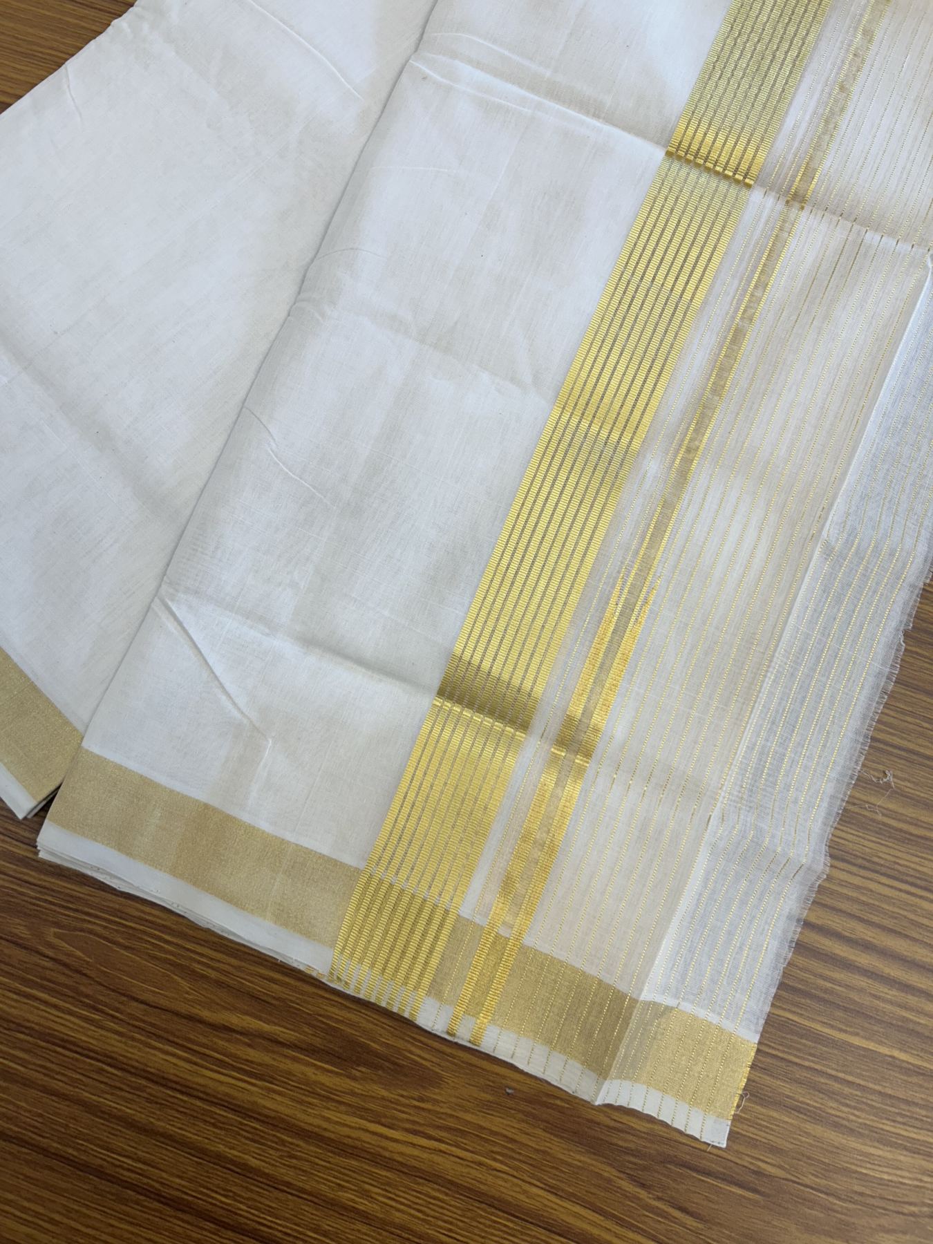 25% Discount ! KaithariKada Handloom Unakkupaav  Kerala Handloom - Pure Cotton Off White - (Unbleached) Double Mundu/Dhoti - (100X80) - 7 inch Puliyilakkara Gold Kasav Striped Chutty & Half Striped Kara - 4 mtr (8.5 Muzham) -  6 KK5342 ABH