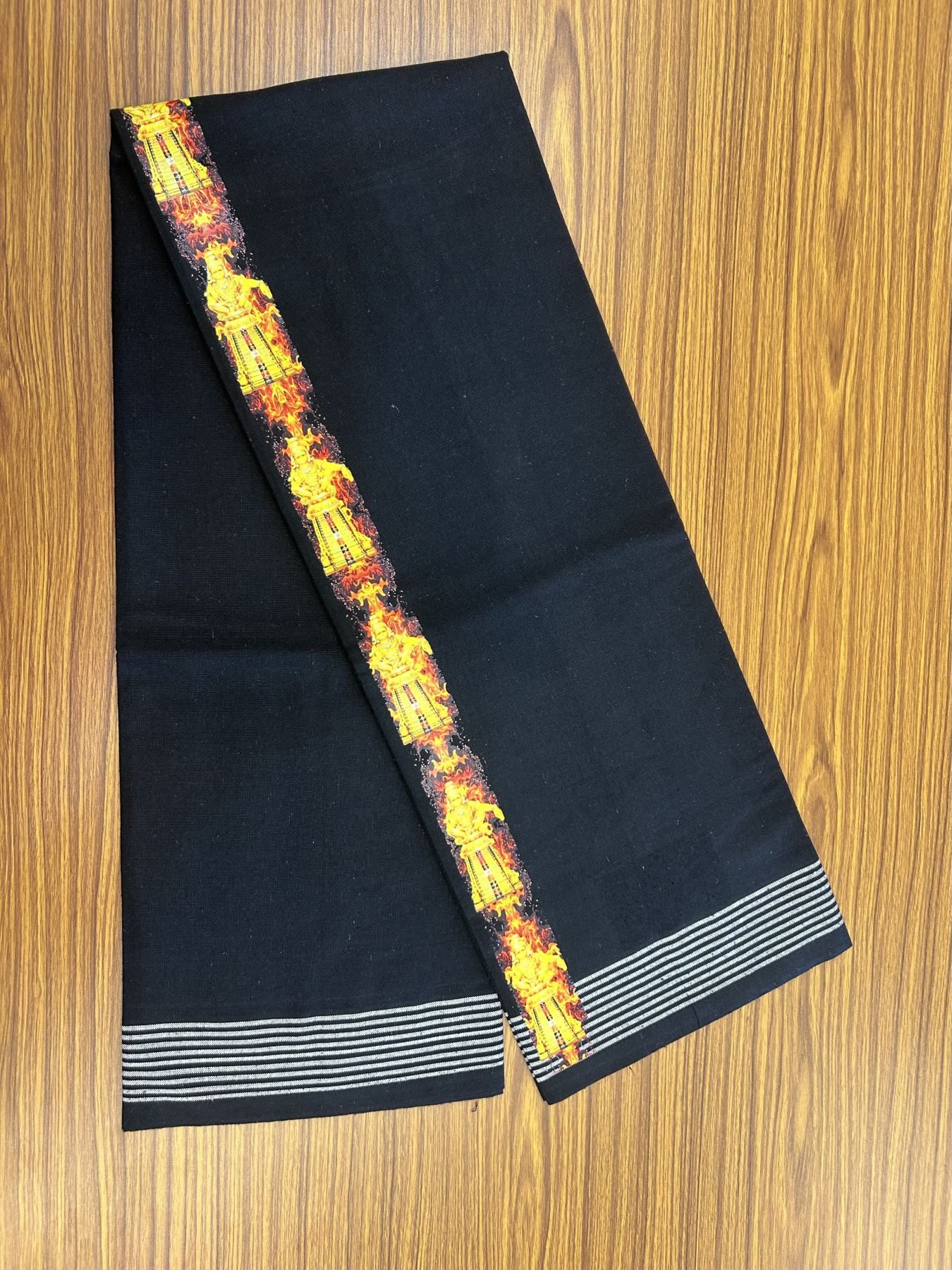 Kaitharikada - Polyster + Cotton - 40s twisted - Pure white Single Kaily / Lungi - 1.5 inch Ayyappan Printed Striped Border with Black colour body (2 meter / 4 muzham) -  19 KK8041 GAN