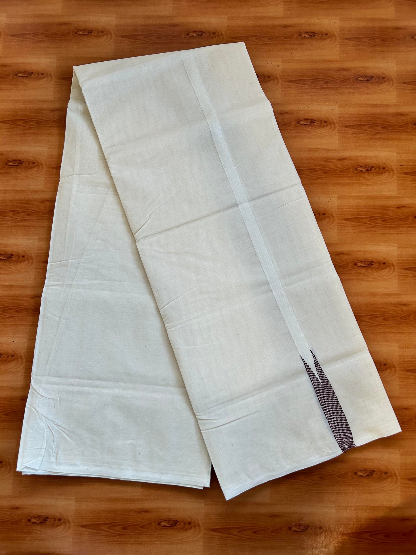 Double Off white Mundu/Dhoti - 23% Discount! KaithariKada Balaramapuram 100% Cotton - 100x100 - 0.5 inch Puliyilakkara Brown Striped Chutty Kara - 4 mtr (8.5 muzham) - 20 KK5401 ASH