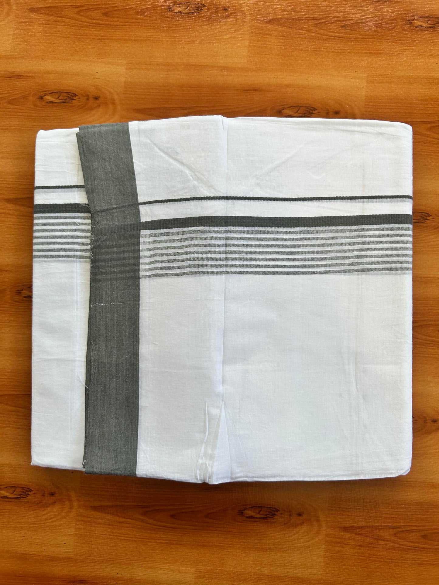 Pure White Double Mundu/Dhoti - 20% Discount ! Kaitharikada 100% Cotton - 100x80 - 1.5 inch Dark Grey Stripes Kara 3.80 mtr (8 muzham) - 97 KK5452THI